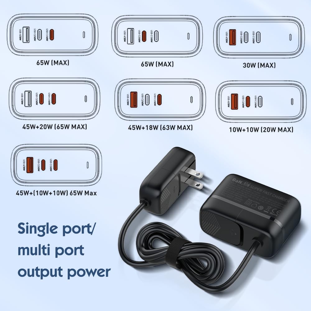 QENEQ GaN 65W USB C Fast Charger with 3 Ports, Foldable Wall Charger & Universal Travel Adapter (EU/UK Plug) - Compatible with MacBook, iPad Pro/Air, iPhone 15/16, Samsung S24, Laptop, Steam Deck - Perfect for Travel, Office & Home Use