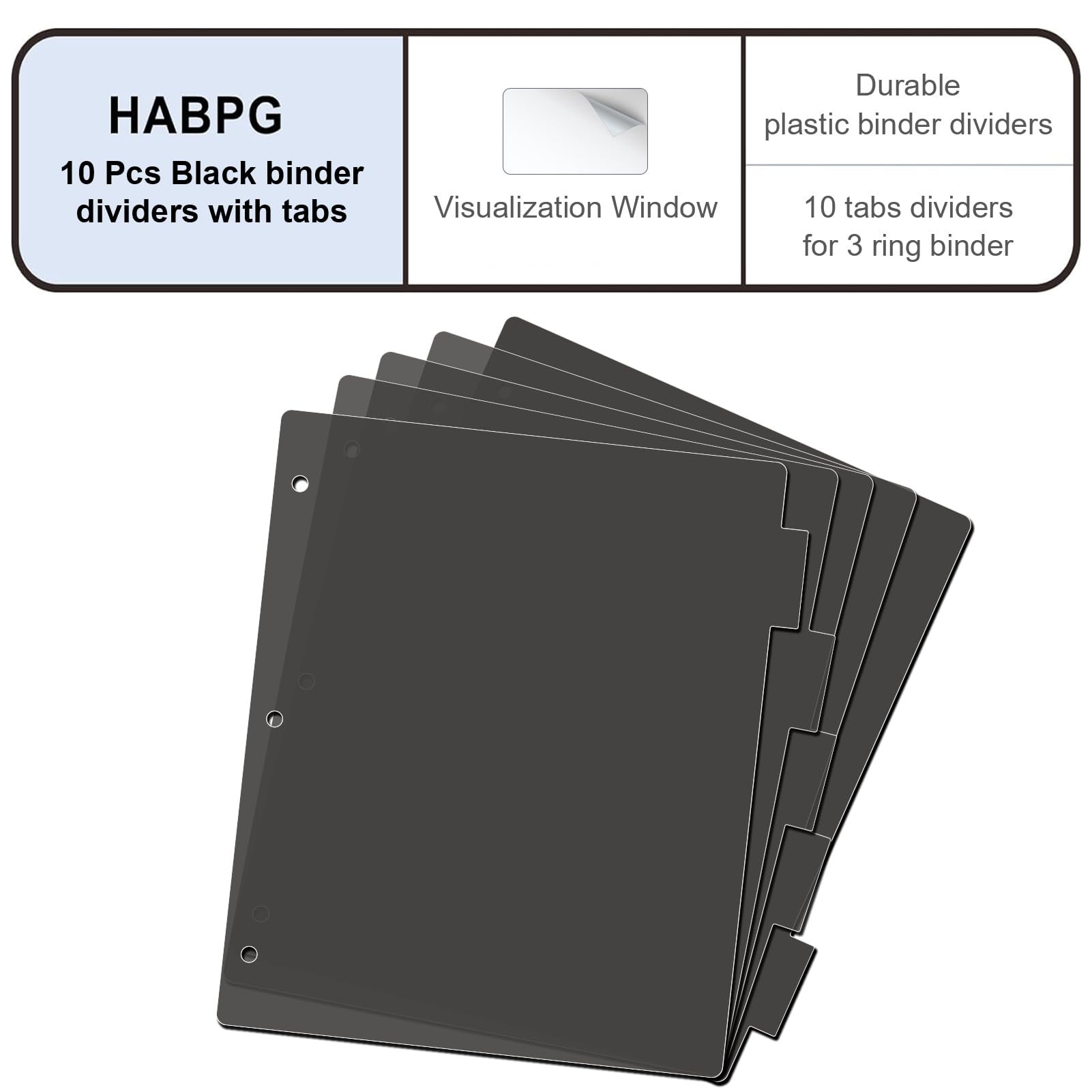 HABGP 5-Tab 3 Ring Binder Dividers - 2 Pack (10 Dividers Total) - Letter Size Black Plastic Index Binders with Write & Erase Surface - 1/5 Cut, Includes Sheet Protectors & 3 Hole Punch - Perfect for School, Office Organization & Document Filing