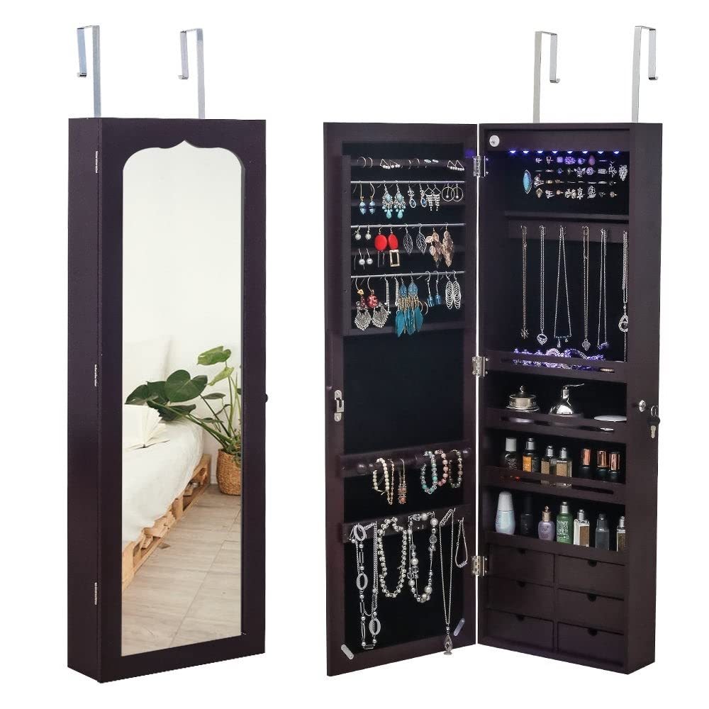 6-Drawer Wooden Wall Mount Jewelry Armoire with Mirror - Brown MDF Storage Cabinet for Necklaces, Rings & Accessories | Perfect for Bedroom, Closet & Dressing Room Organization