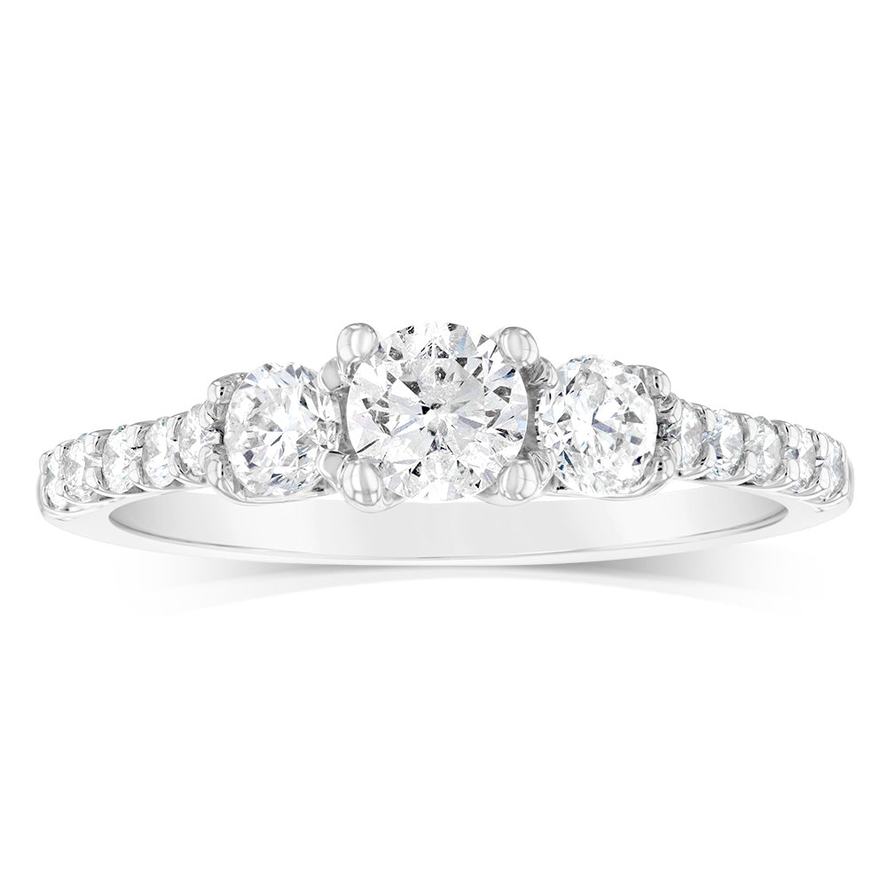 14K White Gold 1 Carat Brilliant Cut Diamond Trilogy Engagement Ring with Side Stones - Perfect for Proposals, Anniversaries & Special Occasions