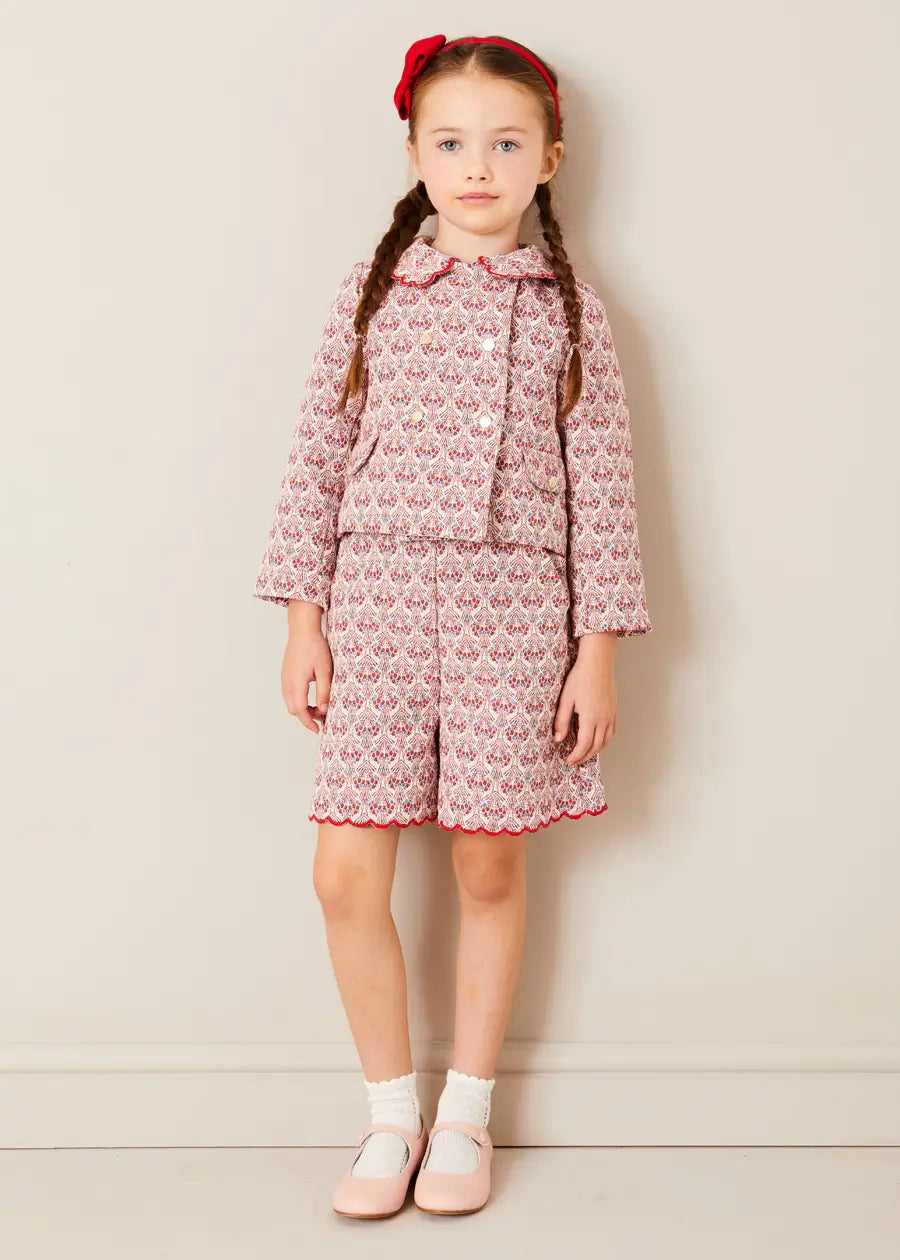 Red Iris Jacquard Button Detail Shorts for Kids (4-12 Years) - Perfect for Summer Outfits, Playdates & Casual Wear