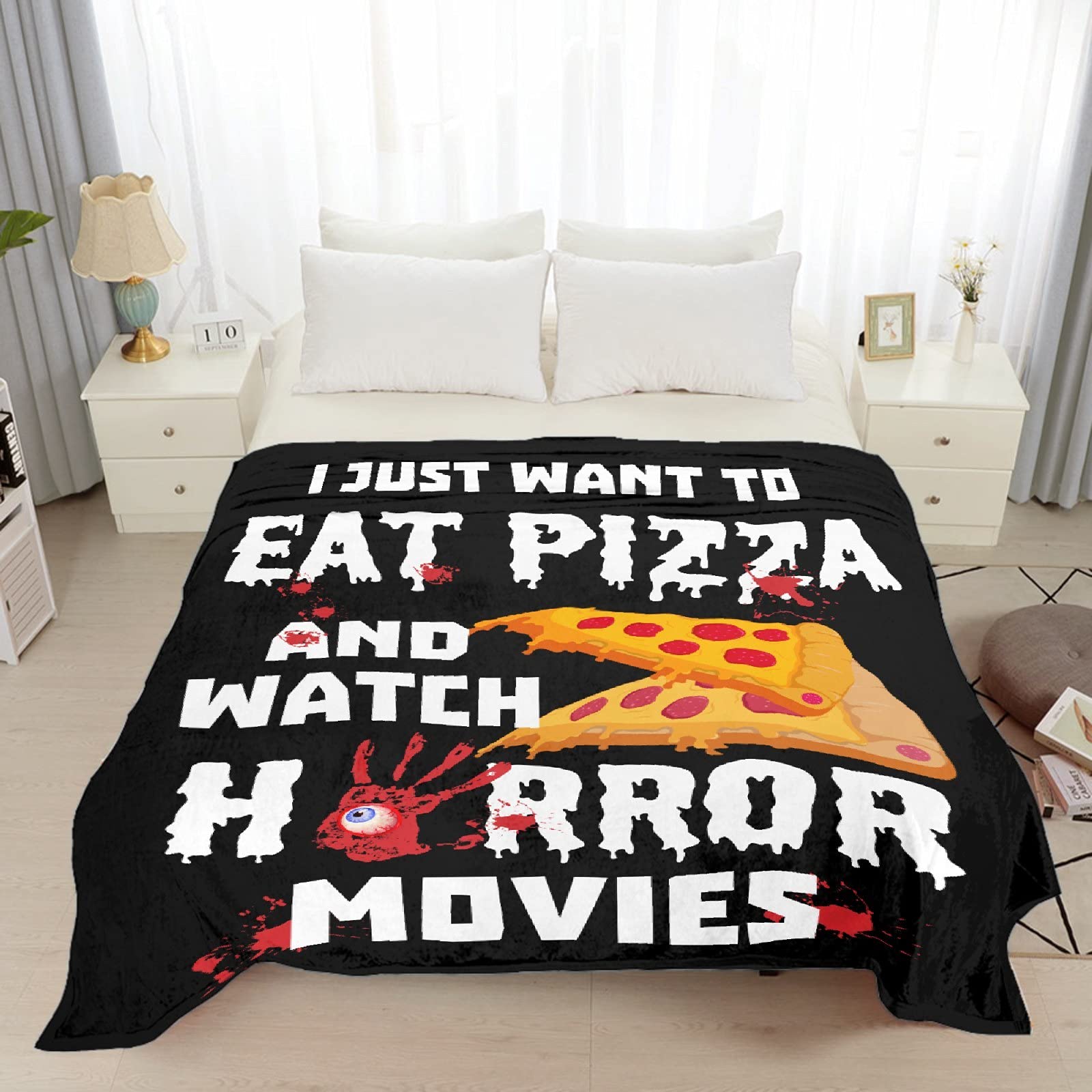 Soft Flannel Plush Throw Blanket for Pizza & Horror Movie Lovers - Lightweight Air Conditioner Quilt for Women & Men - Extra Large 120x90 Inches - Perfect for Couch, Bed, Sofa, Movie Nights & Family Snuggles