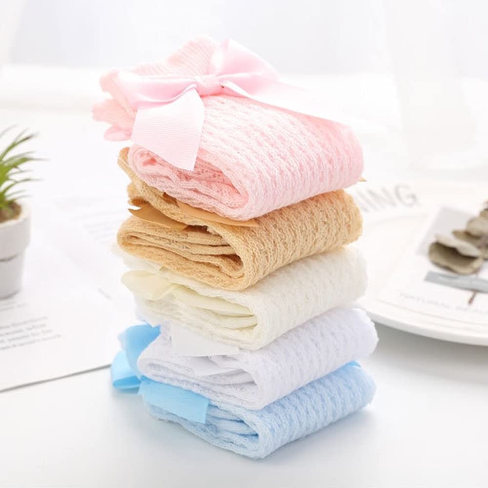 5 Pack Spanish Baby Girls Bow Knee High Socks - Mesh Cotton Newborn Toddler Long Stockings for Dress Up, Photo Shoots & Special Occasions