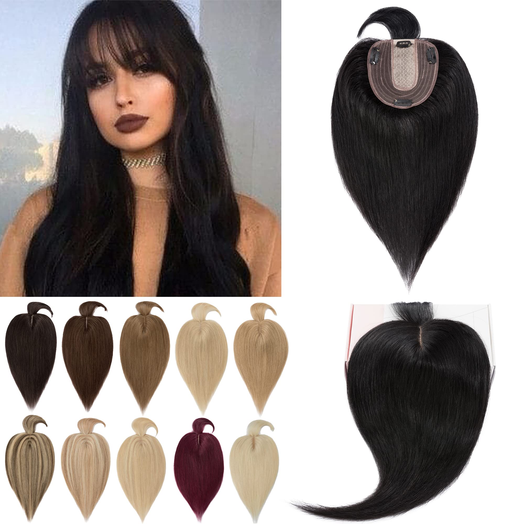Premium 130% Density Human Hair Toppers with Bangs - Hand-Tied Silk Base Clip-In Hairpiece for Women with Thinning Hair | Natural Hair Loss Solution & Gray Coverage | 10 Inch 35g Jet Black | Perfect for Daily Wear, Special Occasions & Confidence Boosting Hairstyles