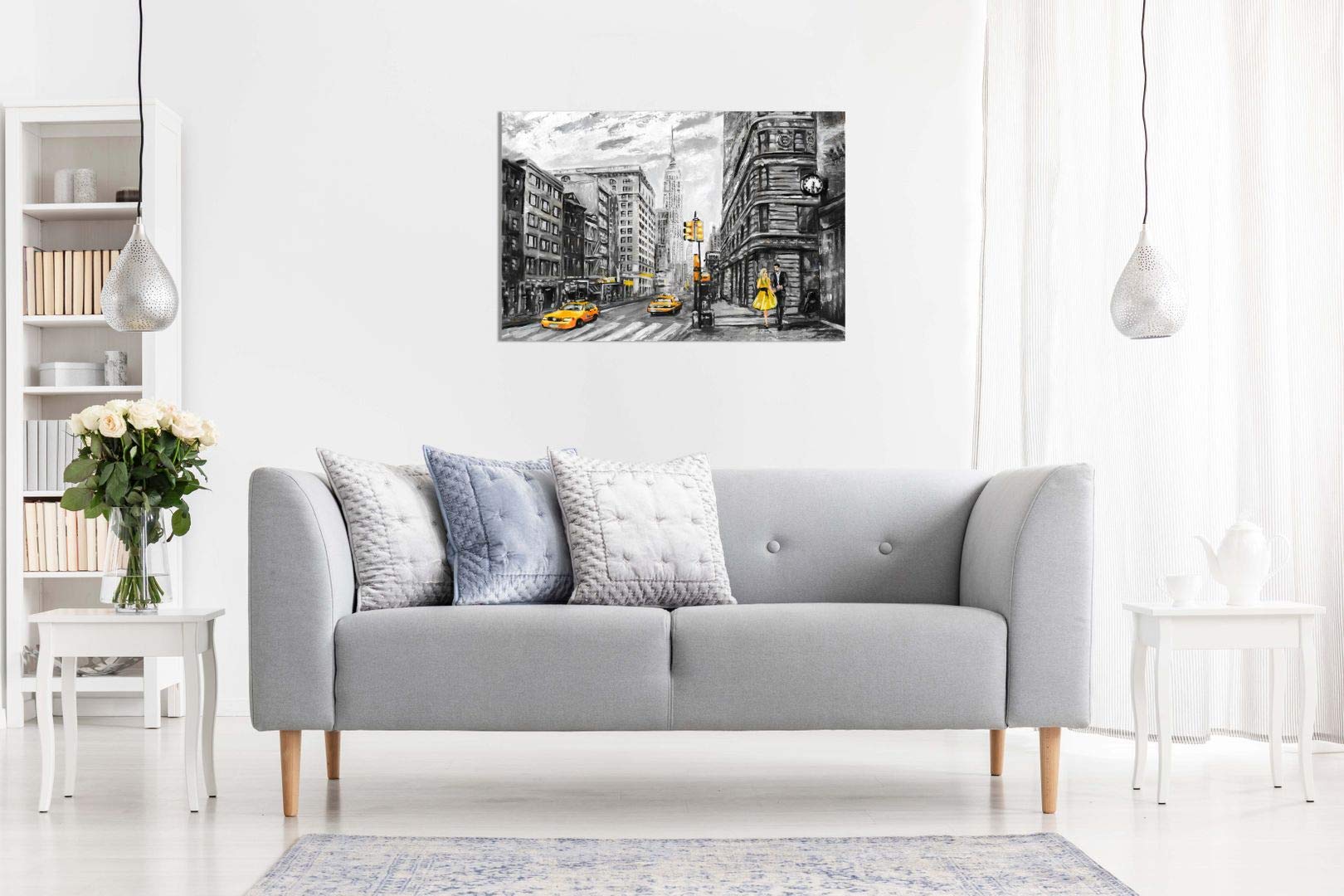 New York City Skyline Oil Painting Canvas Wall Art - Black, White & Yellow Abstract Print (36x24 Inches) - Perfect for Living Room, Bedroom or Office Decor