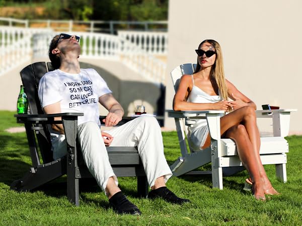 Premium SERWALL Adirondack Chair with Cup Holders - Durable HDPE Composite Outdoor Patio Furniture - All-Weather Resistant White Lounge Chair for Backyard, Poolside & Garden Relaxation