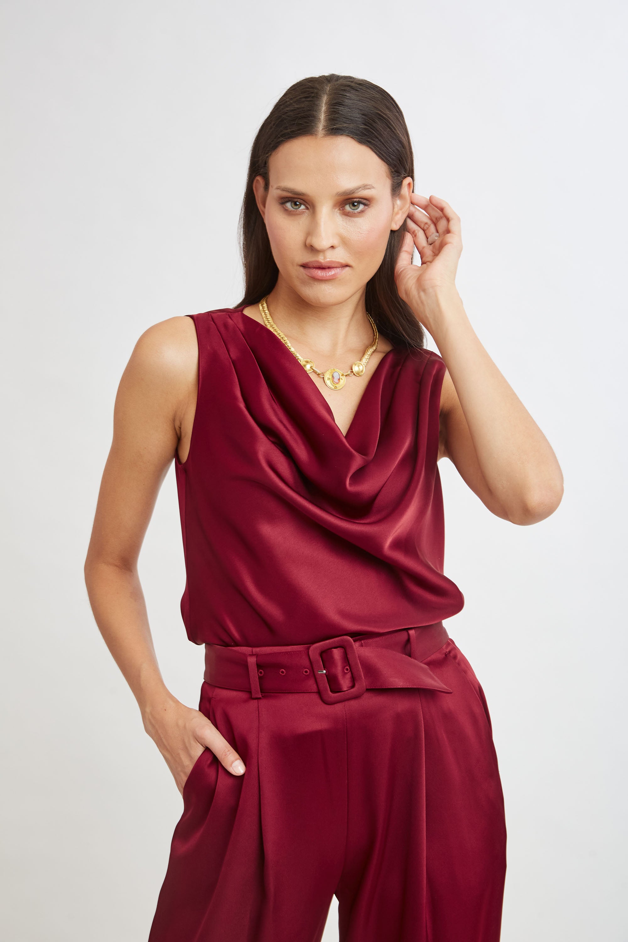 Satin Cowl Neck Blouse for Women - Elegant Sangria Red Long Sleeve Tunic Top | Perfect for Office Wear, Date Nights & Special Occasions