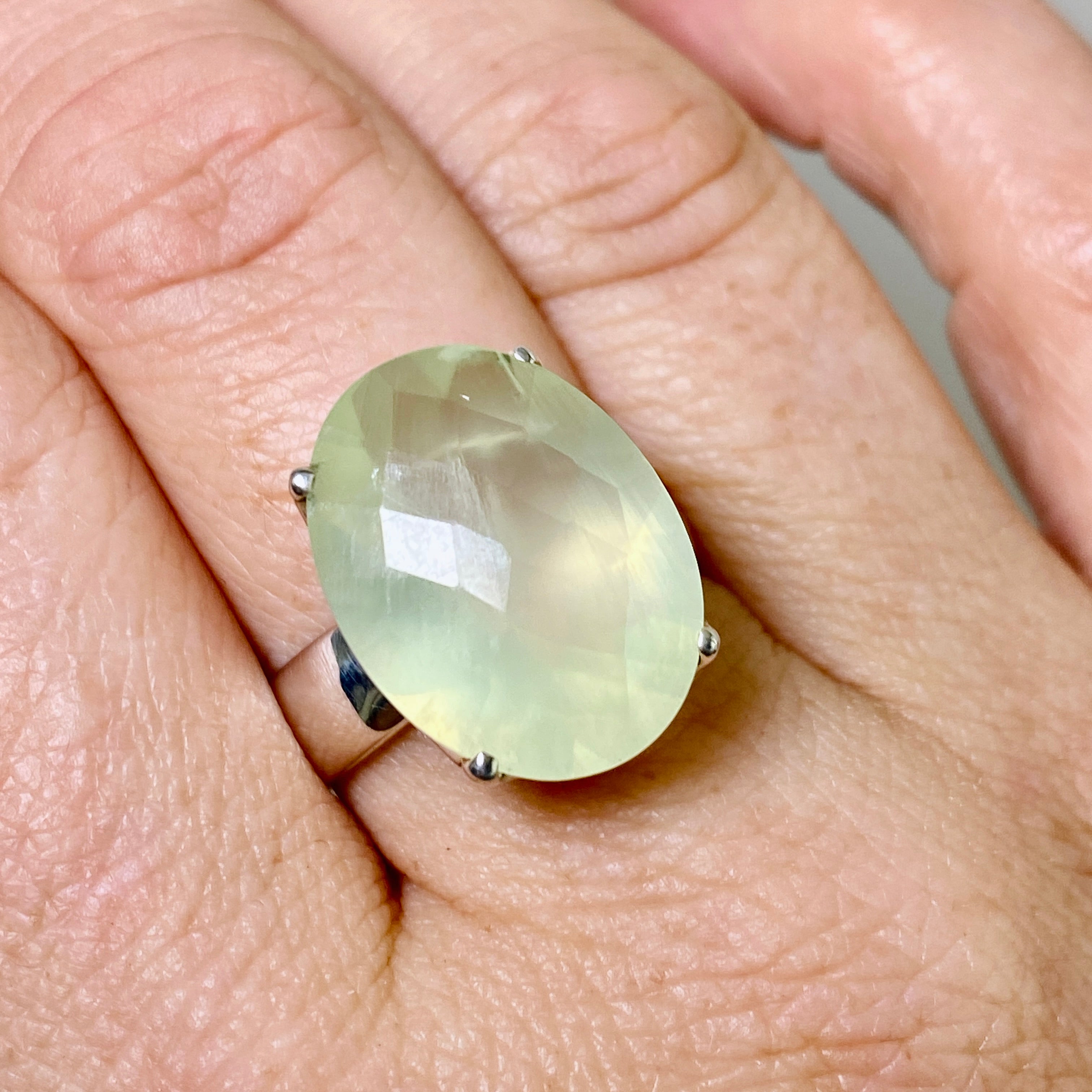 Prehnite Oval Checkerboard Faceted Ring Size 9 - Dainty Gemstone Jewelry for Women - Perfect for Engagement, Wedding & Everyday Wear