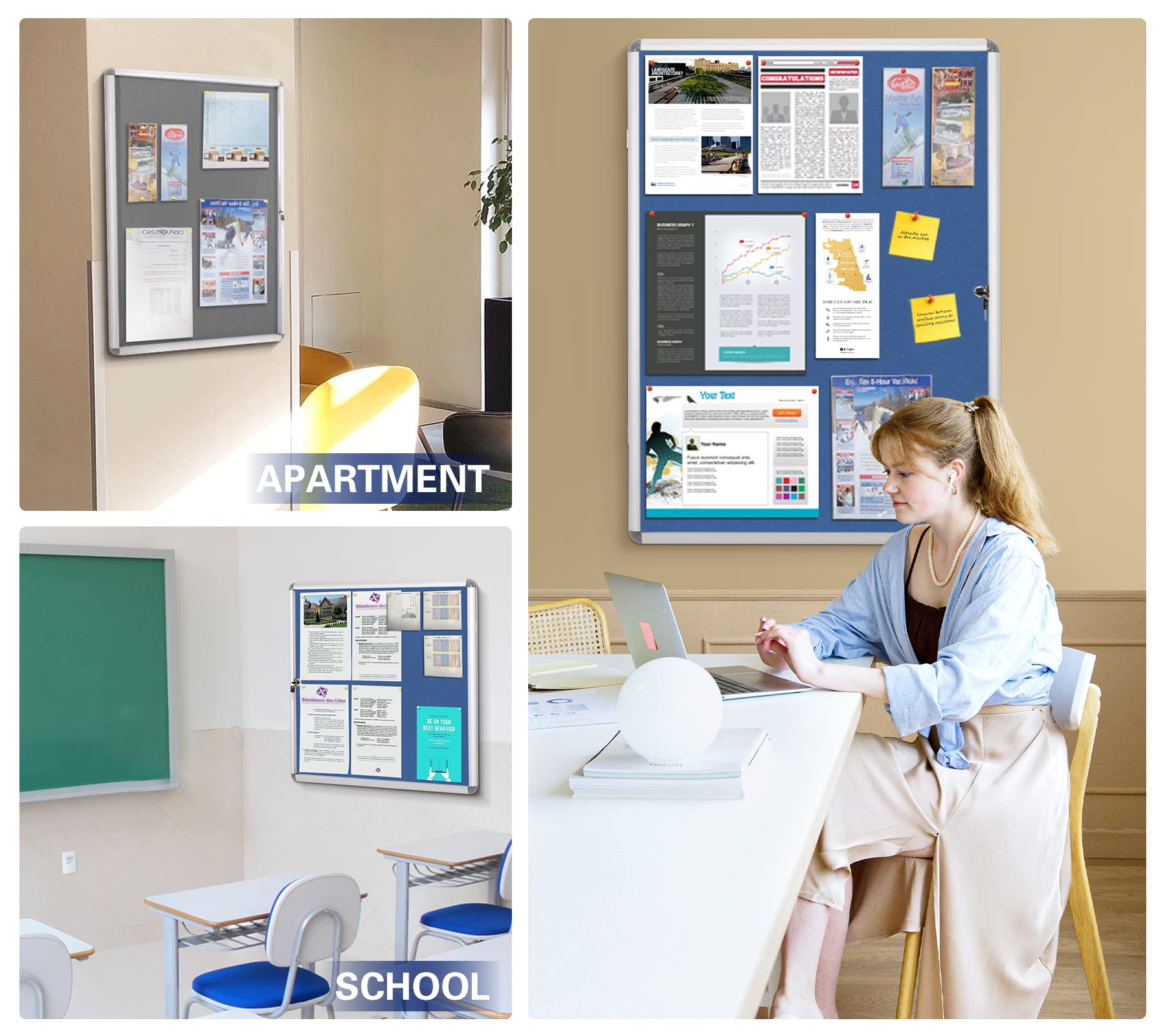SWANCROWN 26x20 Inch Fabric Bulletin Board - Wall Mounted Enclosed Display Case for Office, Classroom & Home Decor (Holds 4 A4 Papers) - Perfect for Announcements, Photos & Memo Organization