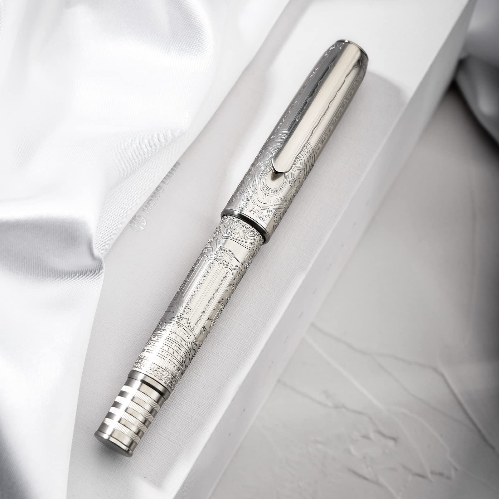 Hongdian 100 Silver Steel Fountain Pen with Iridium Extra Fine Nib - Smooth Writing Calligraphy Pen for Men & Women - Perfect for Journaling, Note Taking, and Gift Giving