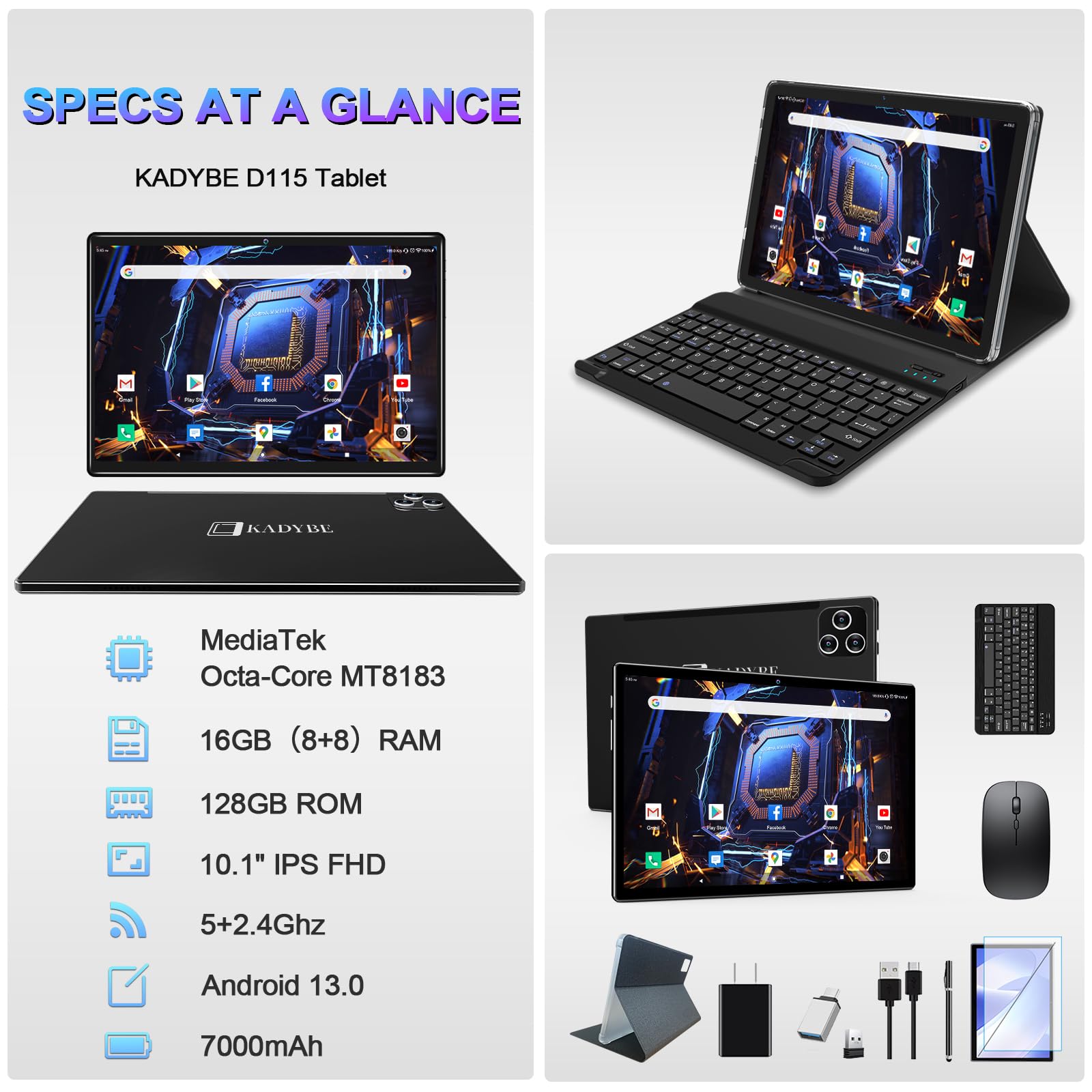 10.1 Inch Android 13 Tablet (2025 Model) - 128GB ROM + 16GB RAM, Octa-Core Processor, 13MP Camera - 2-in-1 Laptop with Keyboard, 1TB Expandable Storage, FHD Display - Perfect for Work, Study, and Entertainment