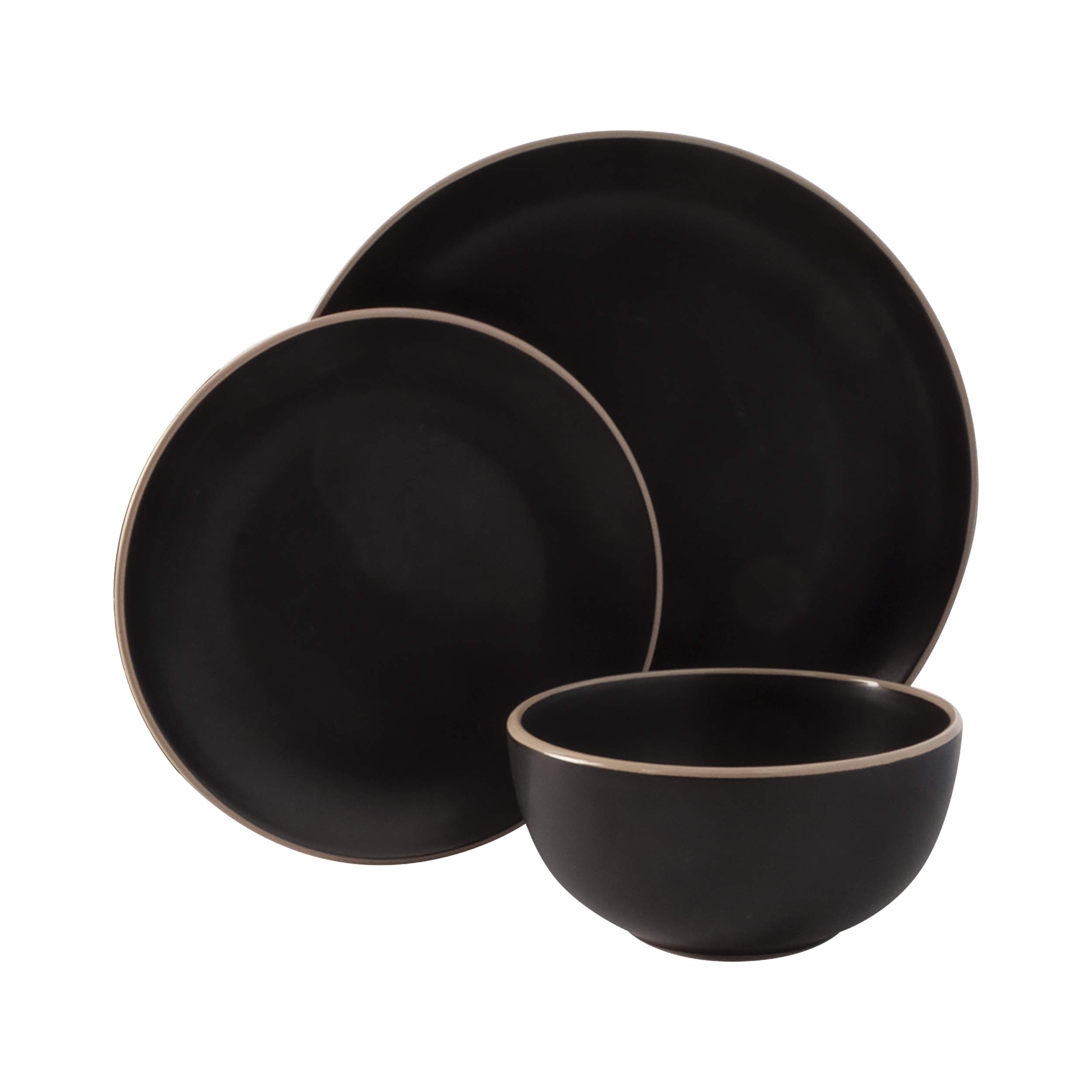 Premium Gibson Home Rockaway 12-Piece Round Stoneware Dinnerware Set for 4 - Durable Black Ceramic Plates, Bowls & Mugs - Elegant Tableware for Everyday Dining, Family Gatherings & Dinner Parties