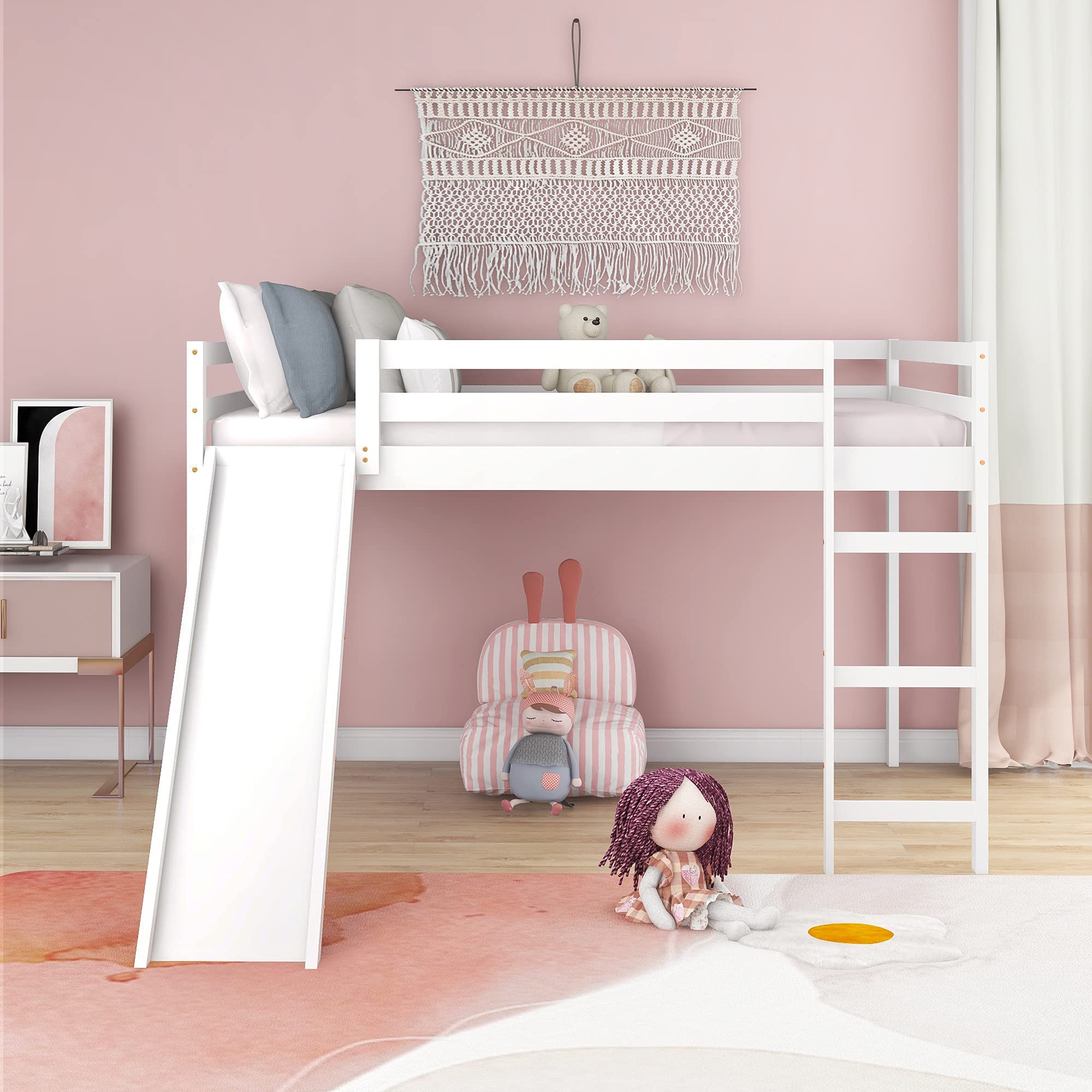 Danxee Full Size Loft Bed with Slide - Sturdy Wooden Bunk Bed with Ladder & No Box Spring Needed, White - Perfect for Kids' Bedroom, Dorm Room & Small Space Living