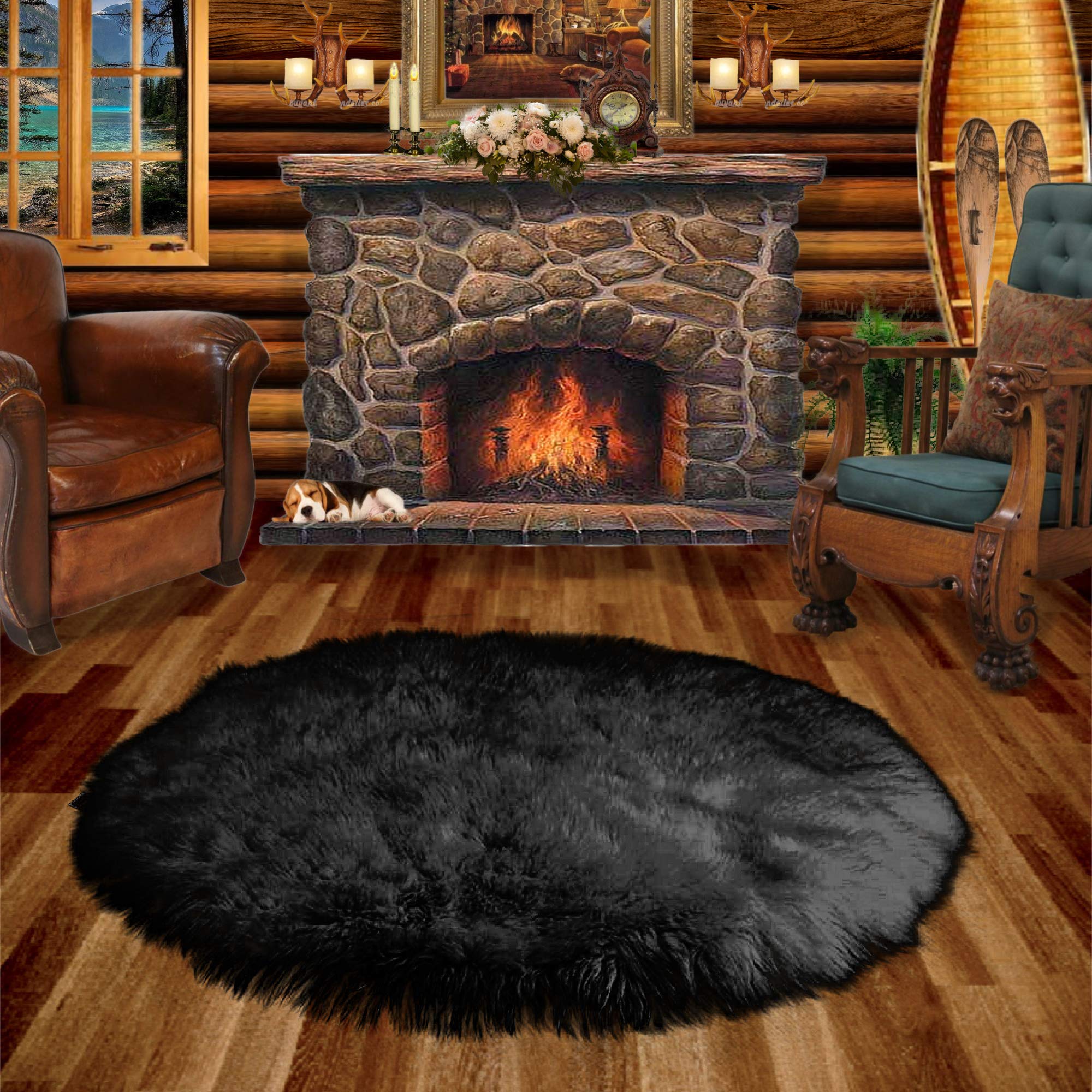 Premium Black Shag Area Rug - 10' Round Faux Fur Sheepskin Rug with Fur Accents - Soft & Plush for Living Room, Bedroom, Nursery - Made in USA