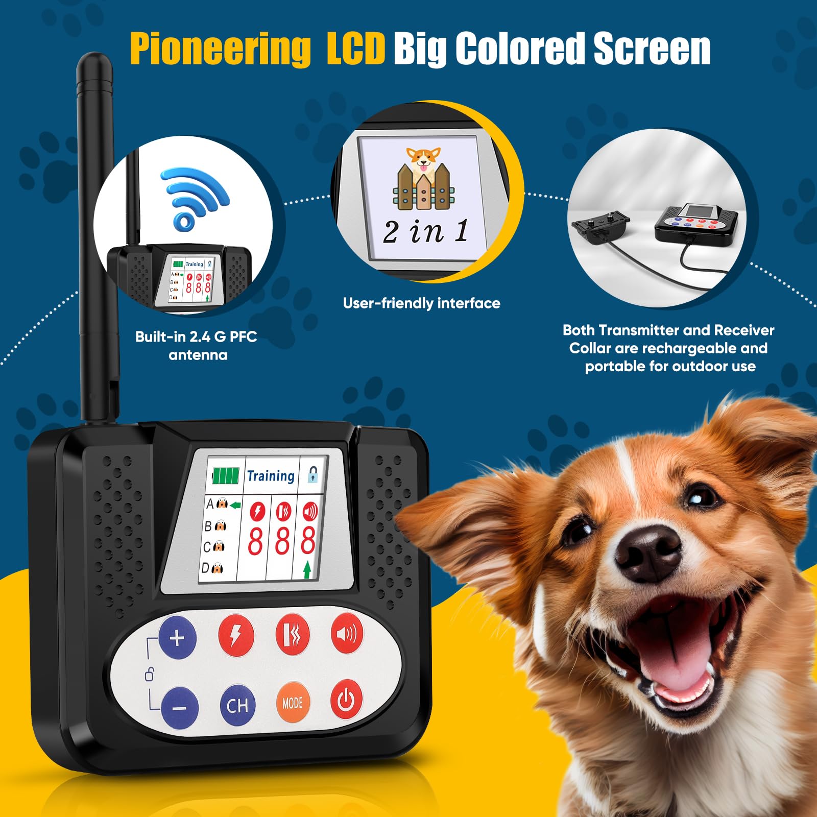 Wireless Dog Fence System with LCD Color Screen & Remote Training Collar - Adjustable Electric Pet Fence for Small, Medium & Large Dogs - Perfect for Backyard, Farm & Outdoor Dog Training
