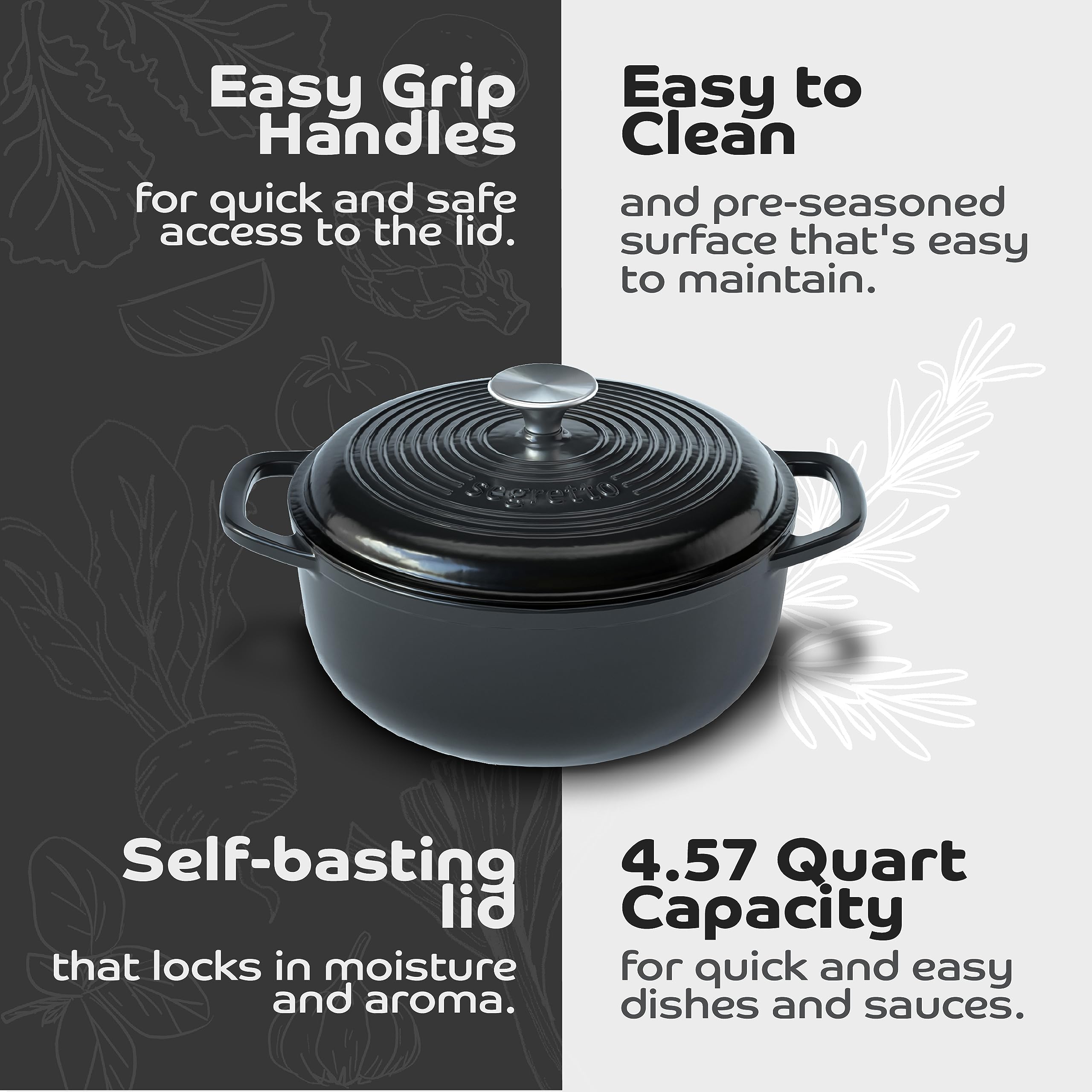 Premium 4.57 Qt Enameled Cast Iron Dutch Oven with Lid - Black (Nero) - Oven & Stovetop Safe Cookware for Baking Bread, Soups, Stews & Braising - Perfect for Home Chefs & Camping