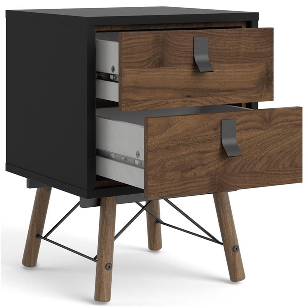 Tvilum Black Matte and Walnut 2-Drawer Nightstand - Modern Bedside Table for Bedroom, Living Room, or Guest Room Storage
