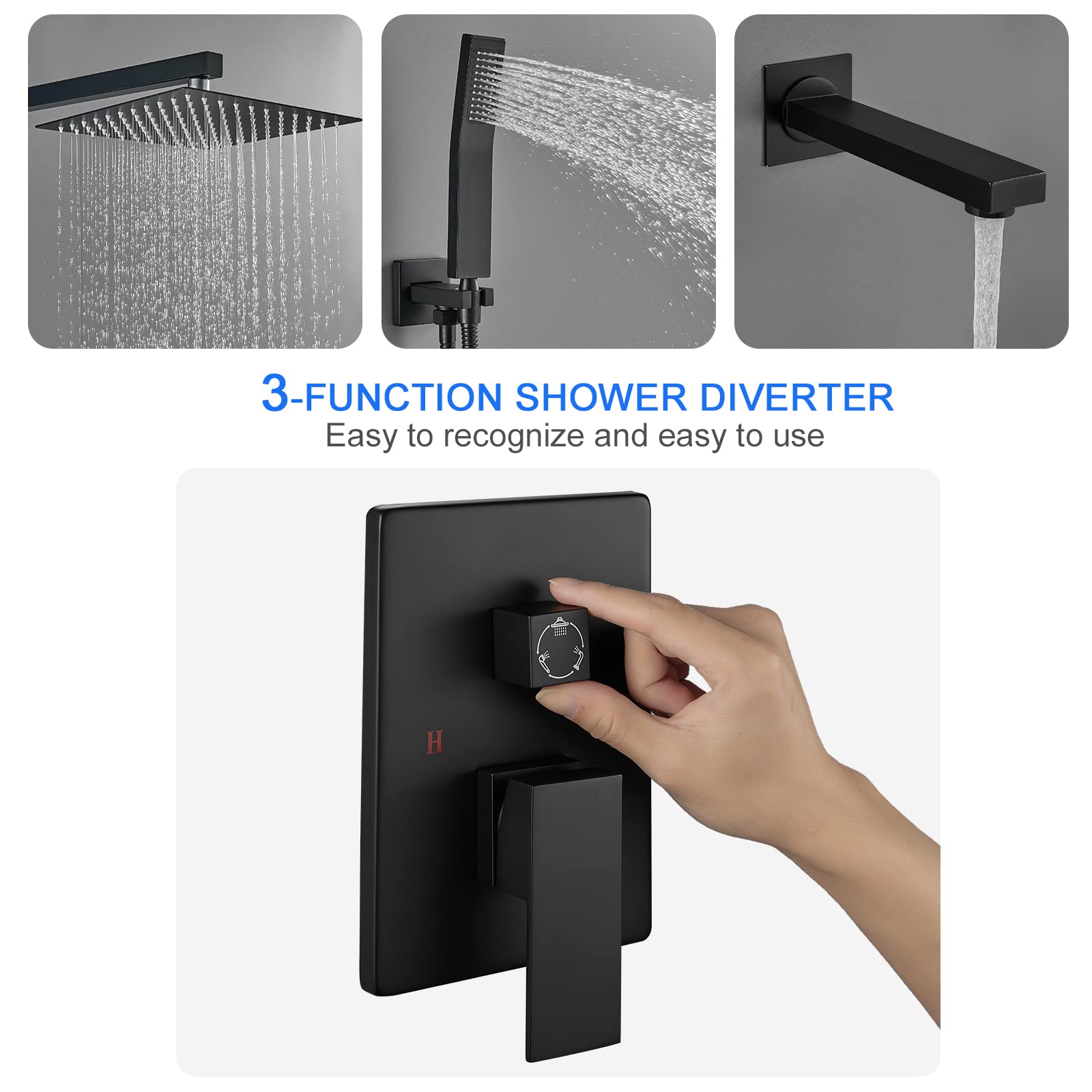 ROVOGO All-Metal Bathtub Shower Faucet Set with 10-Inch Square Rain Shower Head & Handheld Sprayer - Black Complete Shower System (Includes Valve & Trim Kit) for Bathroom Remodel & Spa-Like Experience