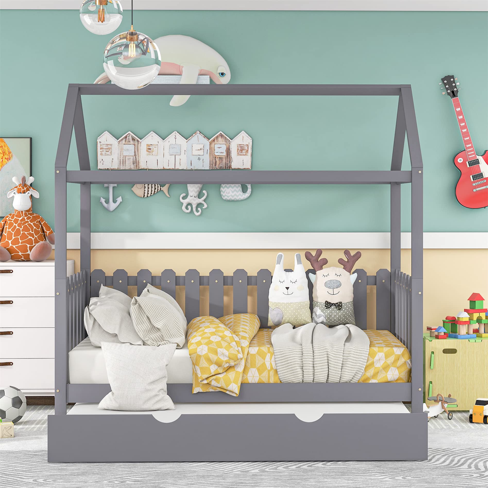 Harper & Bright Designs Twin Daybed with Trundle - Wooden House-Shaped Kids Bed with Fence Guardrail & Roof, Grey - Perfect for Children's Bedroom, Playroom or Guest Room