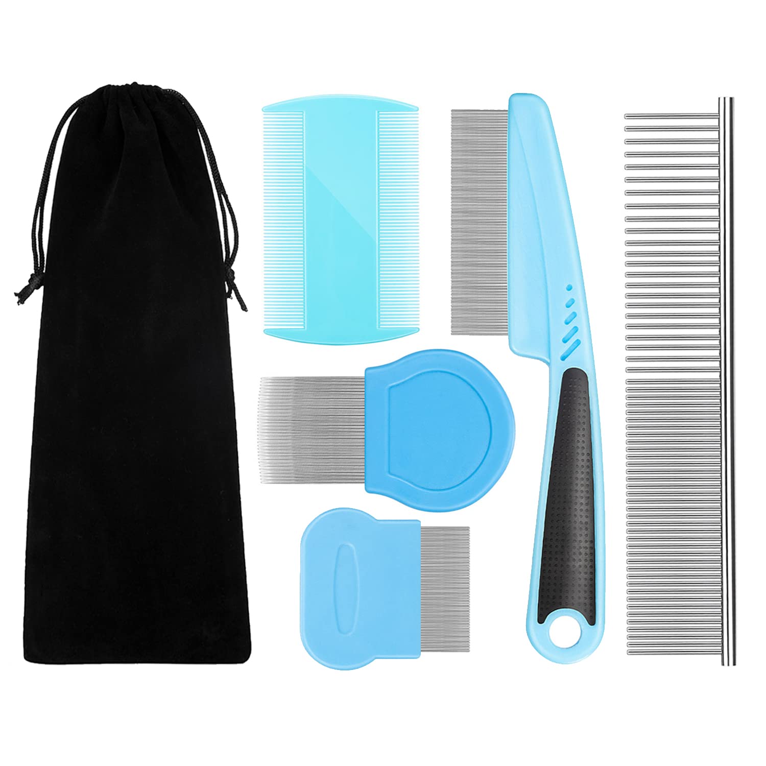 BENSEAO 5-Piece Pet Grooming Set - Metal Flea Comb for Dogs & Cats, Lice & Tear Stain Remover, Durable Detangling Comb with Storage Pouch (Blue) | Perfect for Removing Tangles, Dandruff & Floating Hair at Home or Professional Grooming