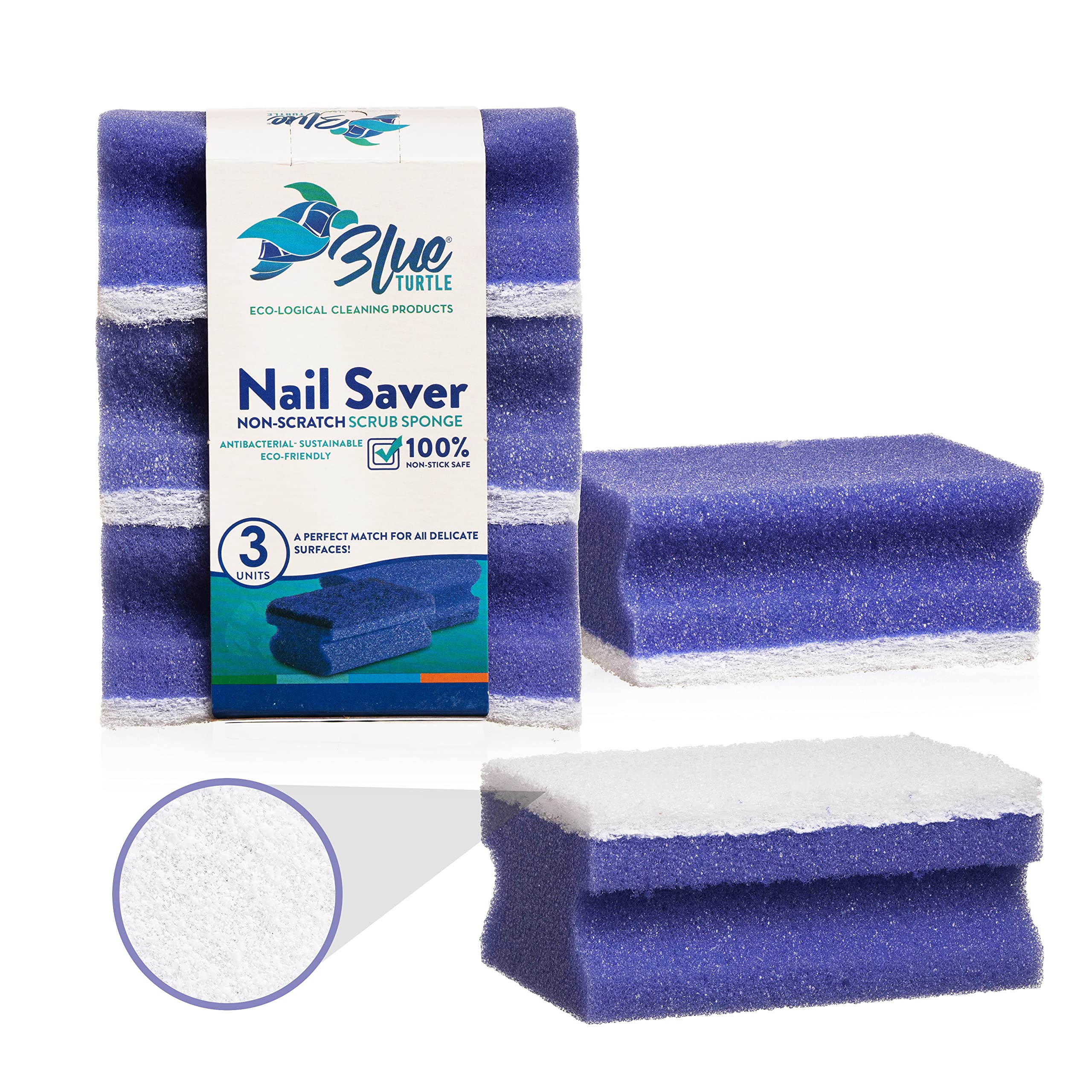 Blue Turtle Dish Sponges - 3 Pack Non-Scratch Kitchen Sponges for Nail Protection & Stain Cleaning