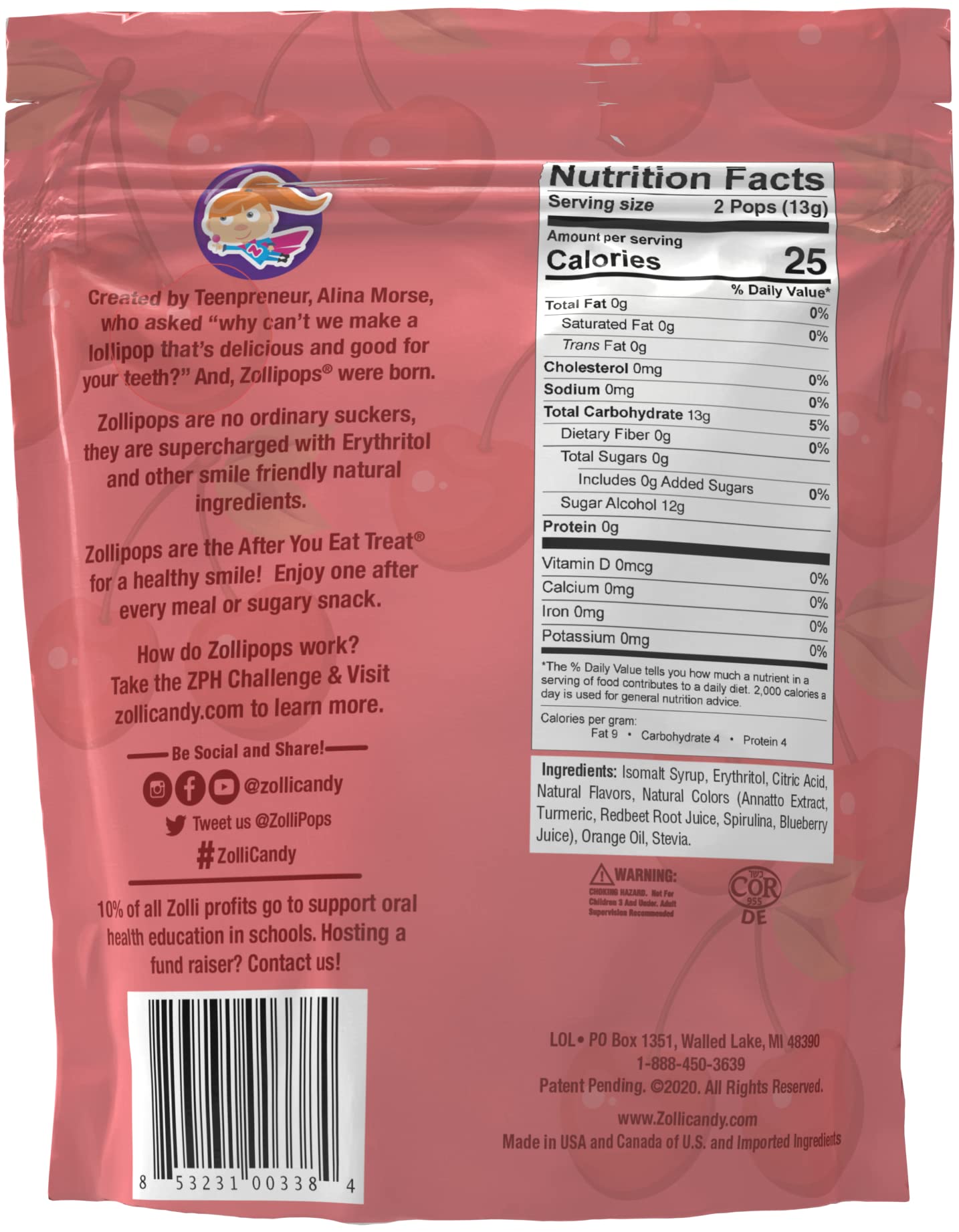 Zollipops Sugar-Free Clean Teeth Lollipops for Kids - Natural Cherry Flavor, 3.1oz (Pack of 10) - Healthy Candy Alternative for Dental Care & Fresh Breath - Perfect for Birthday Parties, School Treats & Halloween Goodie Bags