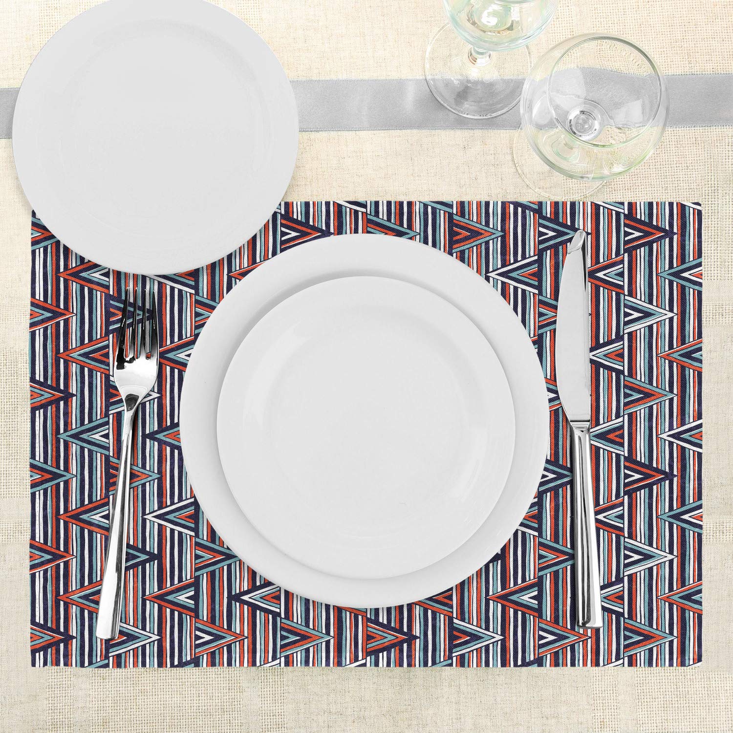 Ambesonne Tribal Placemats Set of 4 - Striped Abstract Pattern with Creative Triangles Design - Washable Fabric Table Mats for Dining Room & Kitchen Decor in Cinnamon Black Teal - Perfect for Dinner Parties, Holiday Gatherings & Everyday Meals