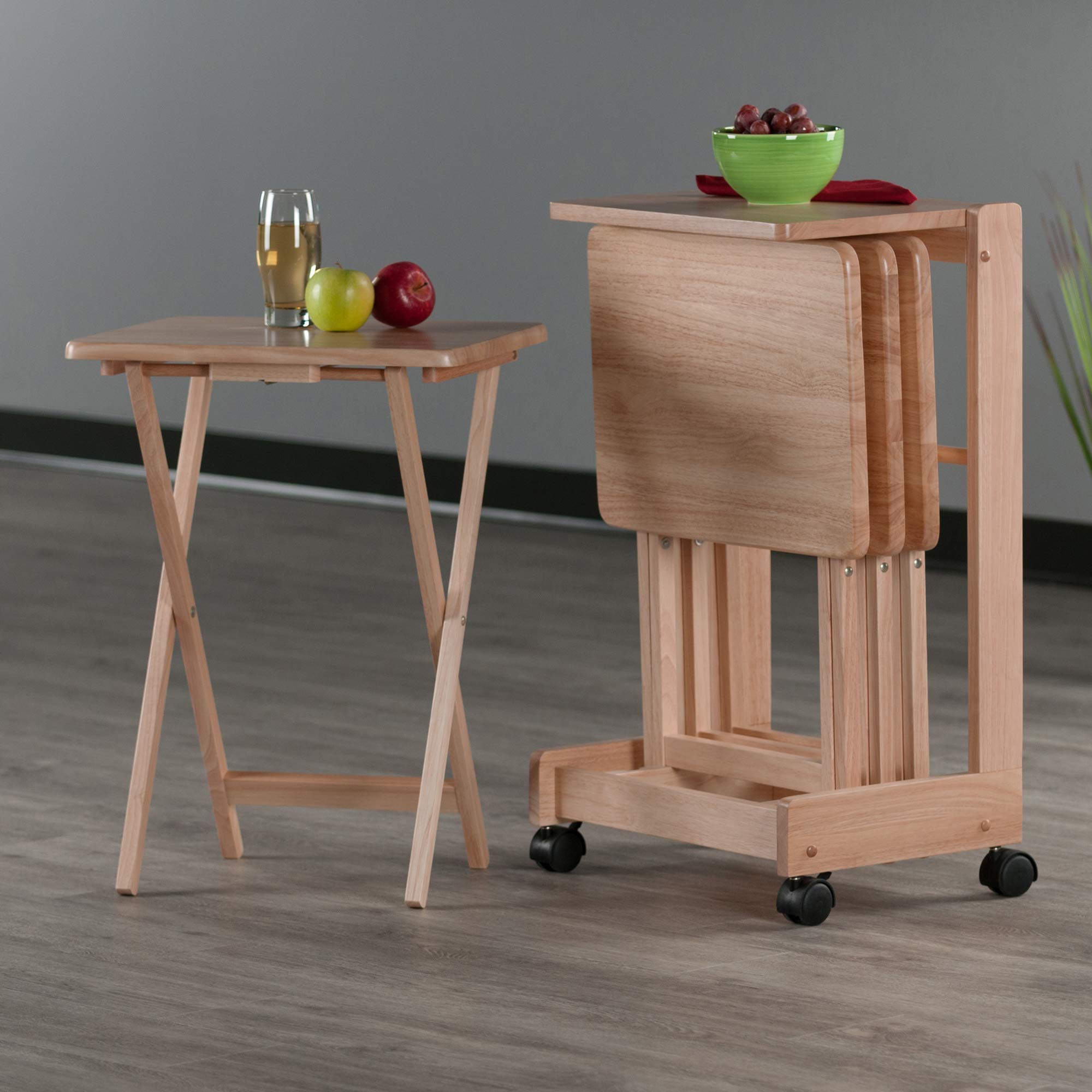 Winsome Brienda 32-Inch Natural Wood Snack Table Set with Mobile Serving Cart - 4-Piece Living Room & Patio Coffee Table Set for Entertaining, Snacks, and Drinks
