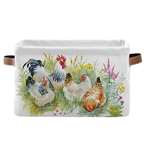 Collapsible Waterproof Storage Basket with PU Handles - Rooster Chicken on Grass Design - Foldable Organizer for Nursery, Laundry, or Home Decor - 1 Pack - Perfect for Kids' Rooms, Bathrooms & Closet Organization