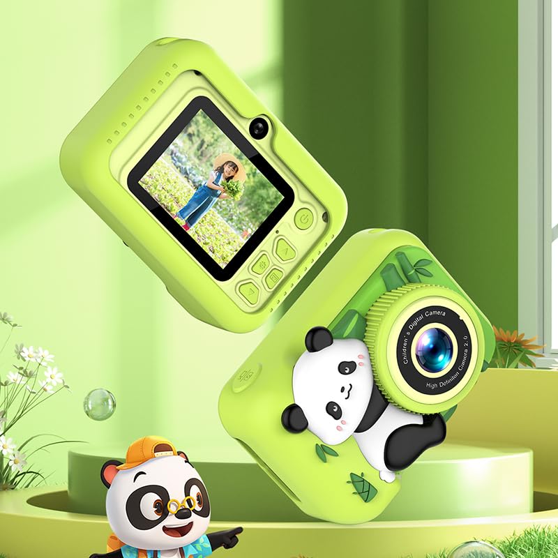 HD 1080P Kids Digital Camera with 32GB SD Card - Educational Toy Camera with Puzzle Games & Eye Protection Screen - Perfect Christmas Birthday Gift for Boys Girls Ages 3-12 - Includes Cute Panda Pendant (Green) - Great for Travel, Outdoor Adventures & Creative Learning