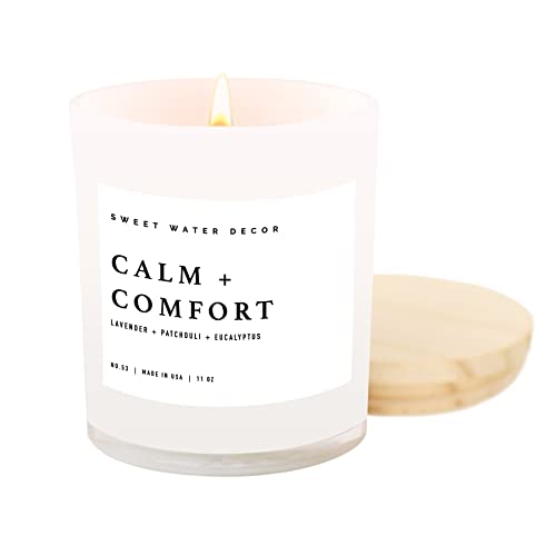 Sweet Water Decor Calm + Comfort Scented Soy Candle - Lavender, Patchouli & Eucalyptus Aromatherapy | 11oz White Jar with Wooden Lid | 50-Hour Burn Time | USA-Made Home Spa & Relaxation Candle for Bedroom, Bathroom & Meditation Spaces