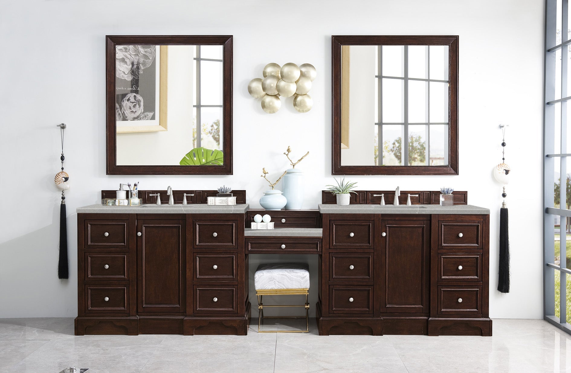 De Soto 118 Double Vanity Set with Makeup Table - Burnished Mahogany Finish & 3CM Eternal Serena Quartz Top | Perfect for Bedroom, Bathroom & Dressing Room Organization