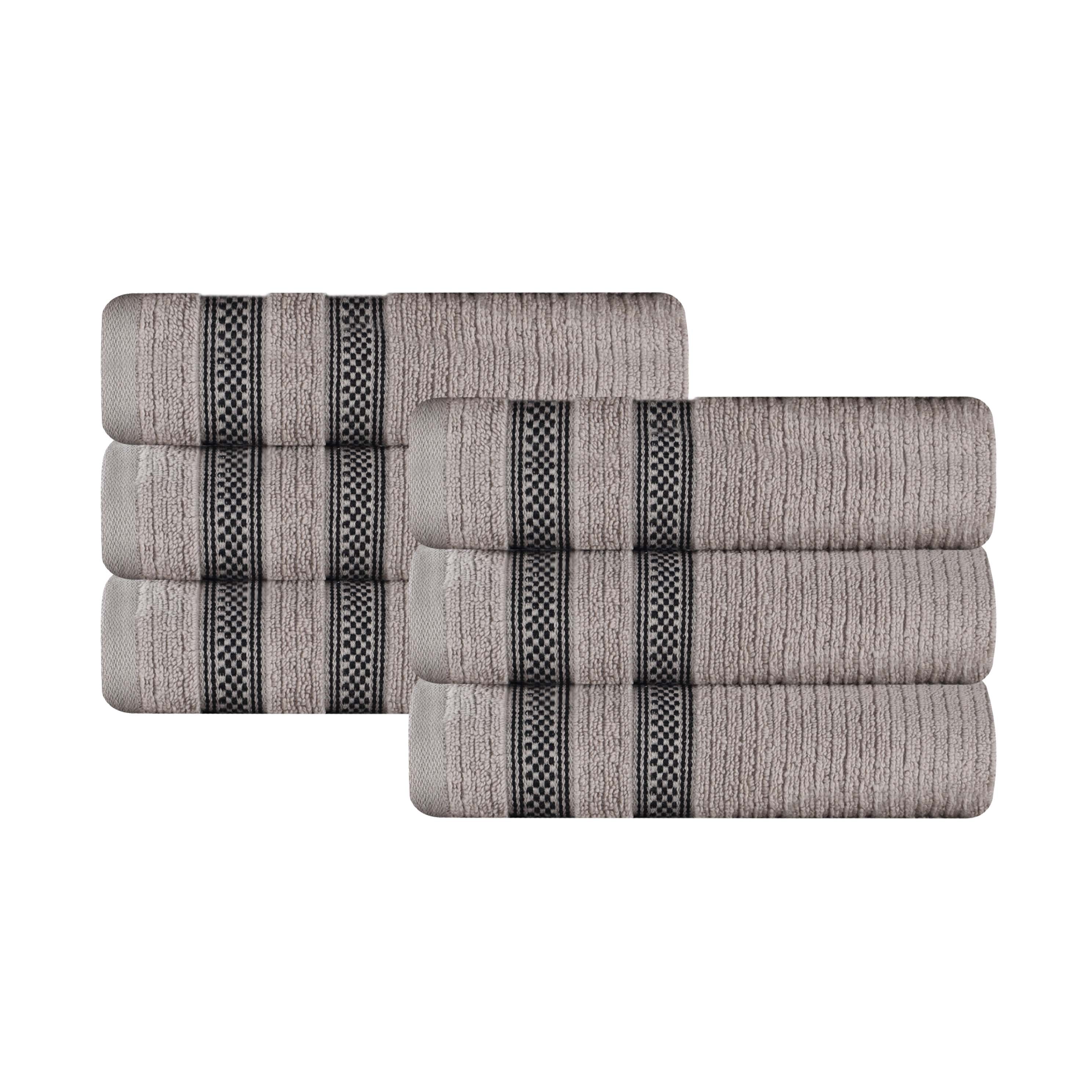 Premium 6-Pack Zero Twist Cotton Ribbed Geometric Border Plush Hand Towels - Ultra Soft & Absorbent for Bathroom, Kitchen, and Guest Use