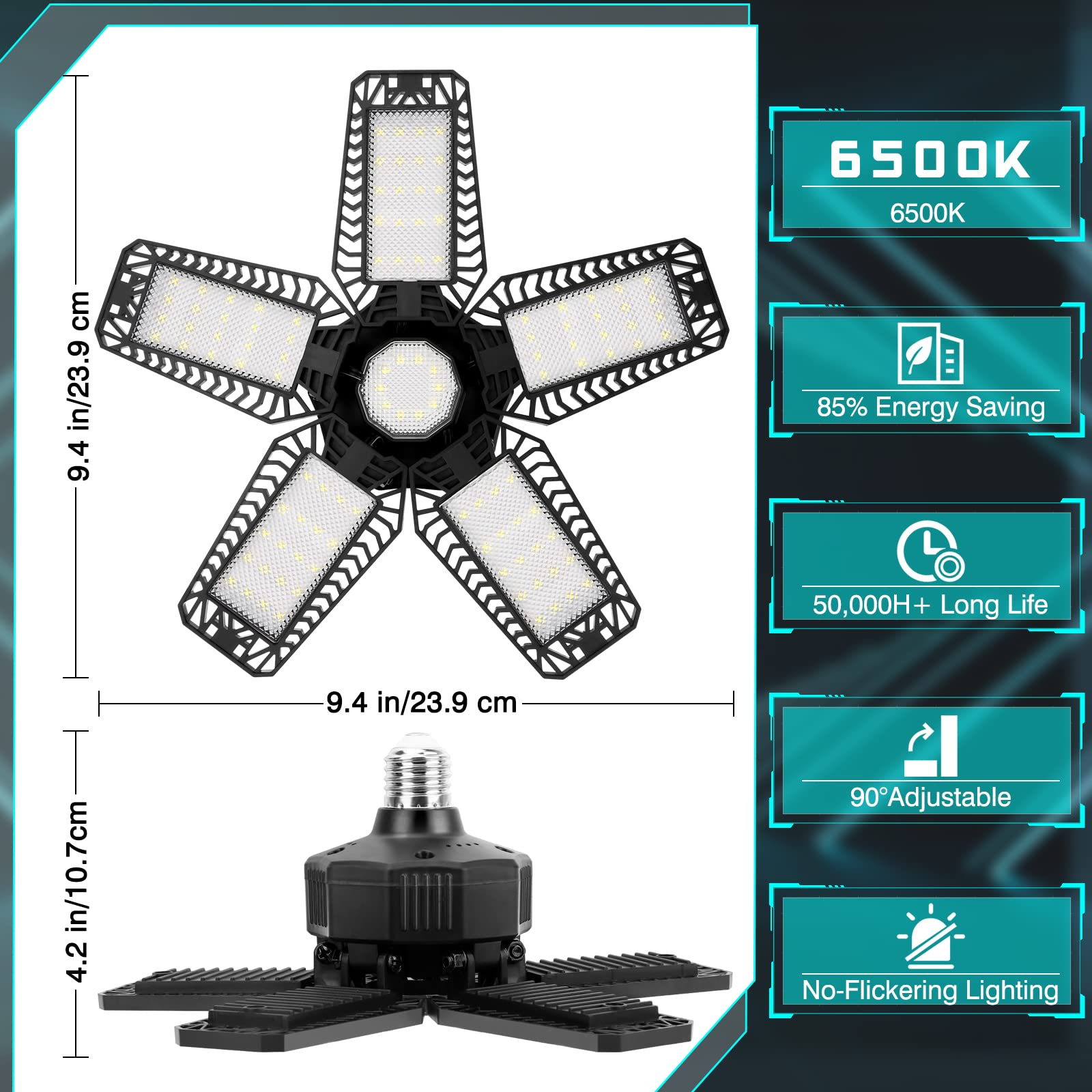 2 Pack LED Garage Lights, 160W 16500LM 6500K Adjustable Deformable Ceiling Light with 5+1 Panels, E26/E27 Screw Base - Bright Shop Lighting for Garage, Basement, Workshop, Warehouse & Industrial Spaces