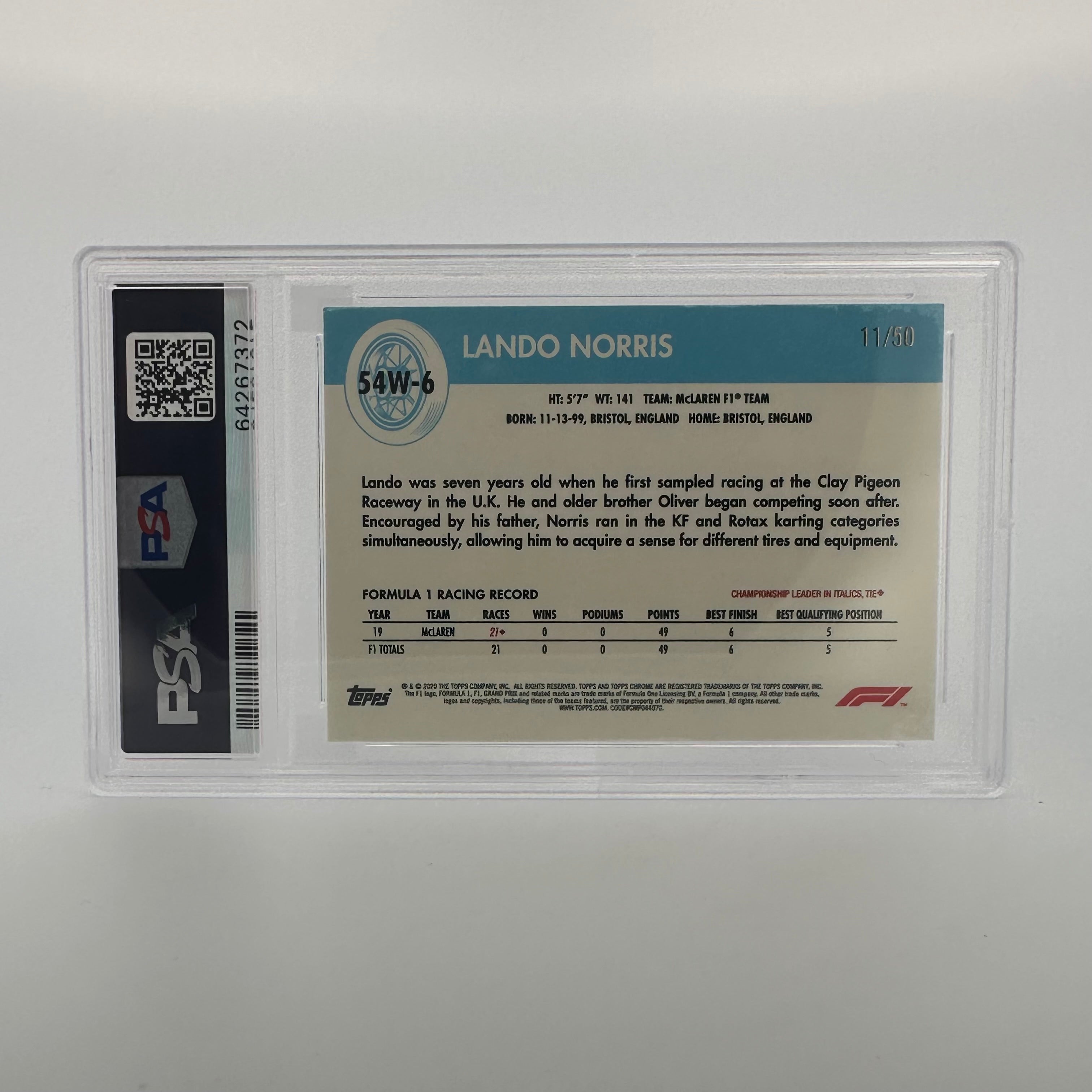 2020 Topps Chrome F1 Lando Norris #54W Gold Rookie Card PSA 9 - Collectible Racing Memorabilia for F1 Fans and Sports Card Enthusiasts