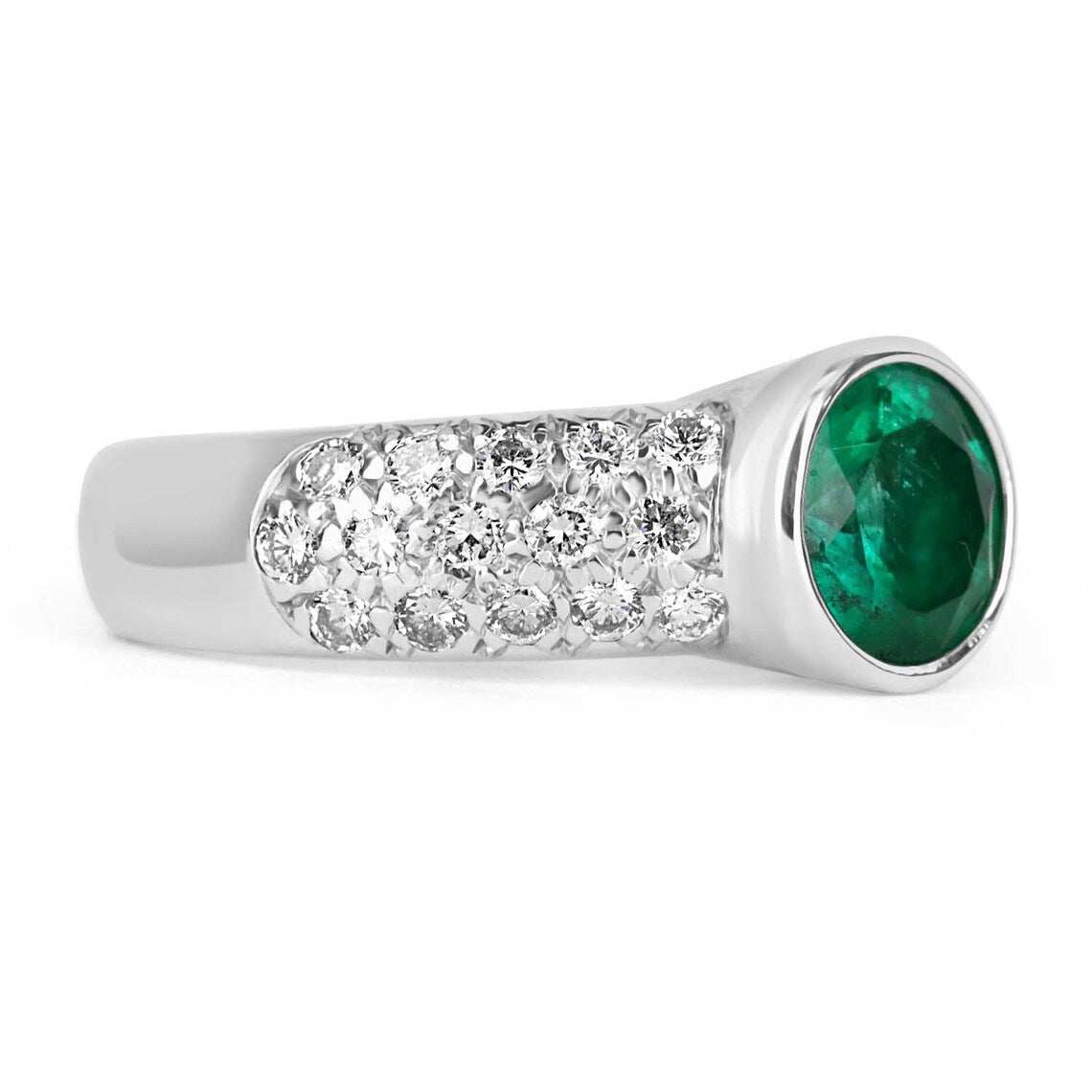 1.82tcw Round Bezel Set Vivid Green Emerald Triple Row Pave Shank 18K White Gold Ring for Women | Elegant Wedding Band, Anniversary Gift & Luxury Jewelry