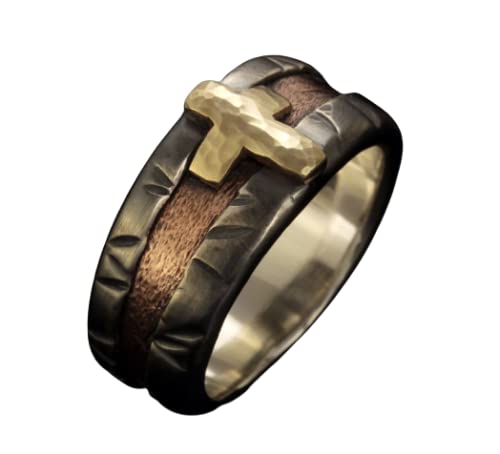 14K Gold Silver & Copper Cross Men's Ring - Unique Wedding Band for Men (RS-1402) | Perfect for Grooms, Anniversaries & Everyday Wear