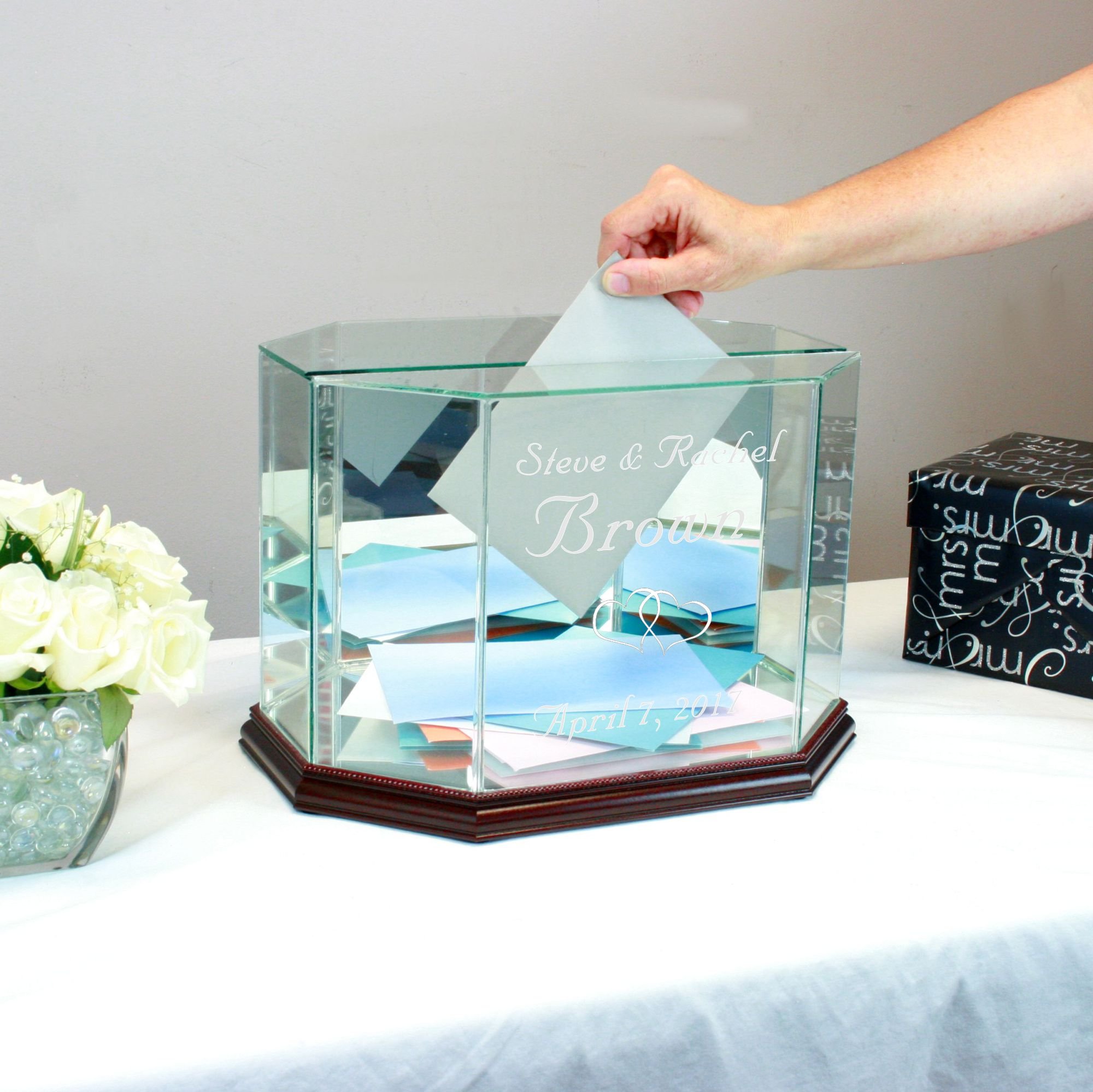 Personalized Glass Octagon Wedding Card Box - Elegant Cherry Wood Keepsake for Wedding, Bridal Shower & Anniversary Celebrations - Perfect for Gift Cards & Wishes Collection