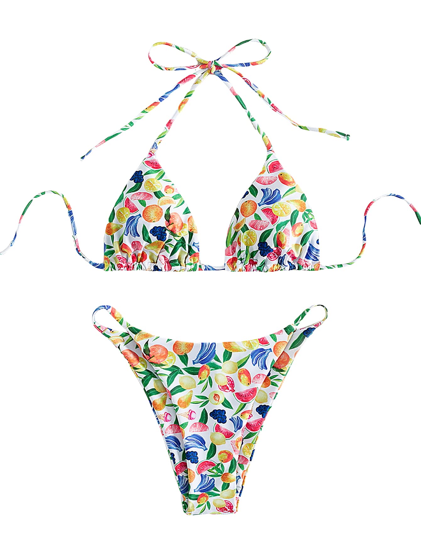 WDIRARA Women's Fruit Print Halter Triangle Bikini Set - Sexy Two Piece Swimwear with Tie Back for Beach, Pool Party & Summer Vacation