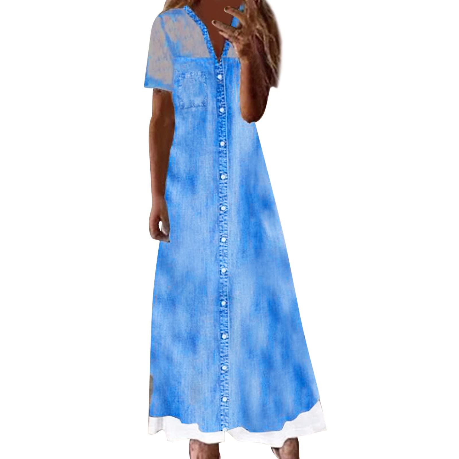 Women's Fashion V-Neck Short Sleeve Lace Patchwork Denim Dress with Buttons & Pockets - Junior Long Length White Dress for Casual Wear, Summer Outfits & Special Occasions