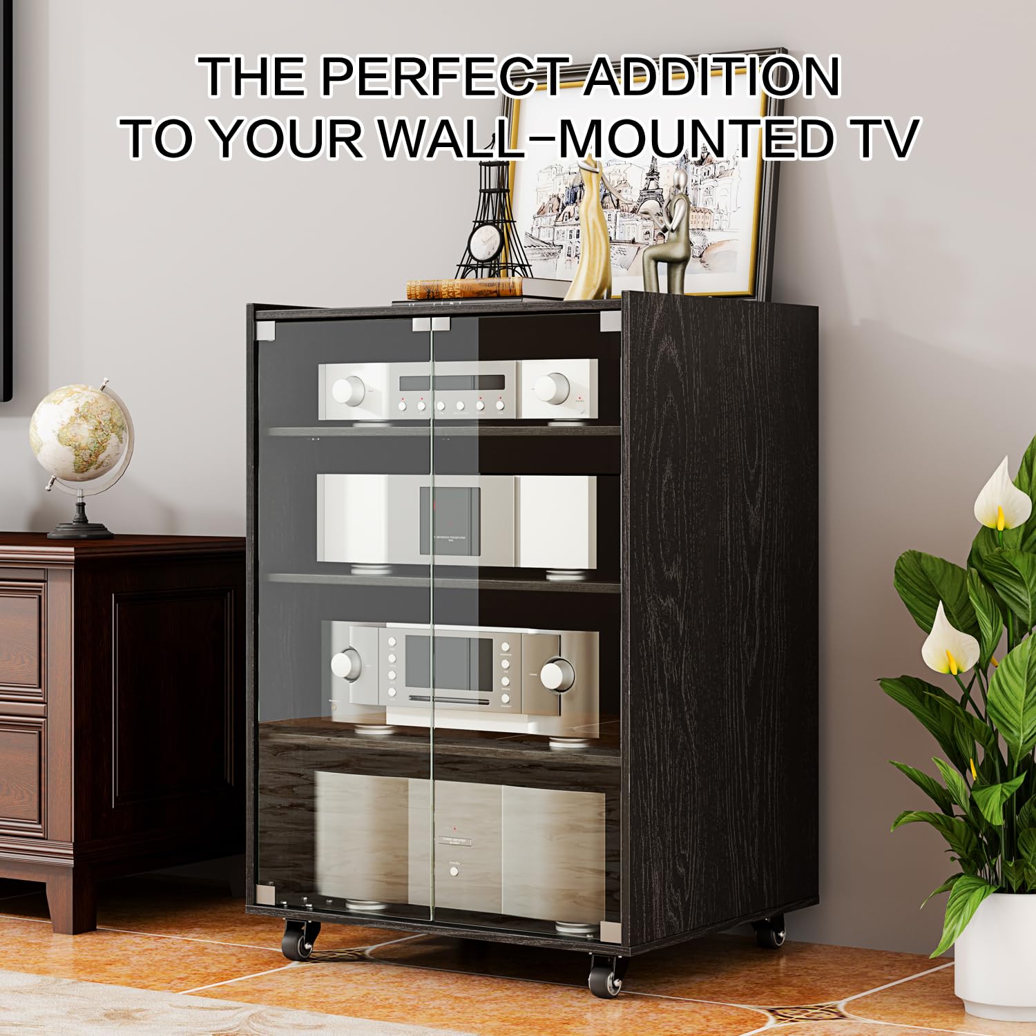 4-Tier Adjustable Media Storage Cabinet with Glass Doors & Pulley - Modern AV Stand for CDs, DVDs, Gaming Consoles & Stereo Components - Perfect for Living Room, Home Theater & Entertainment Centers