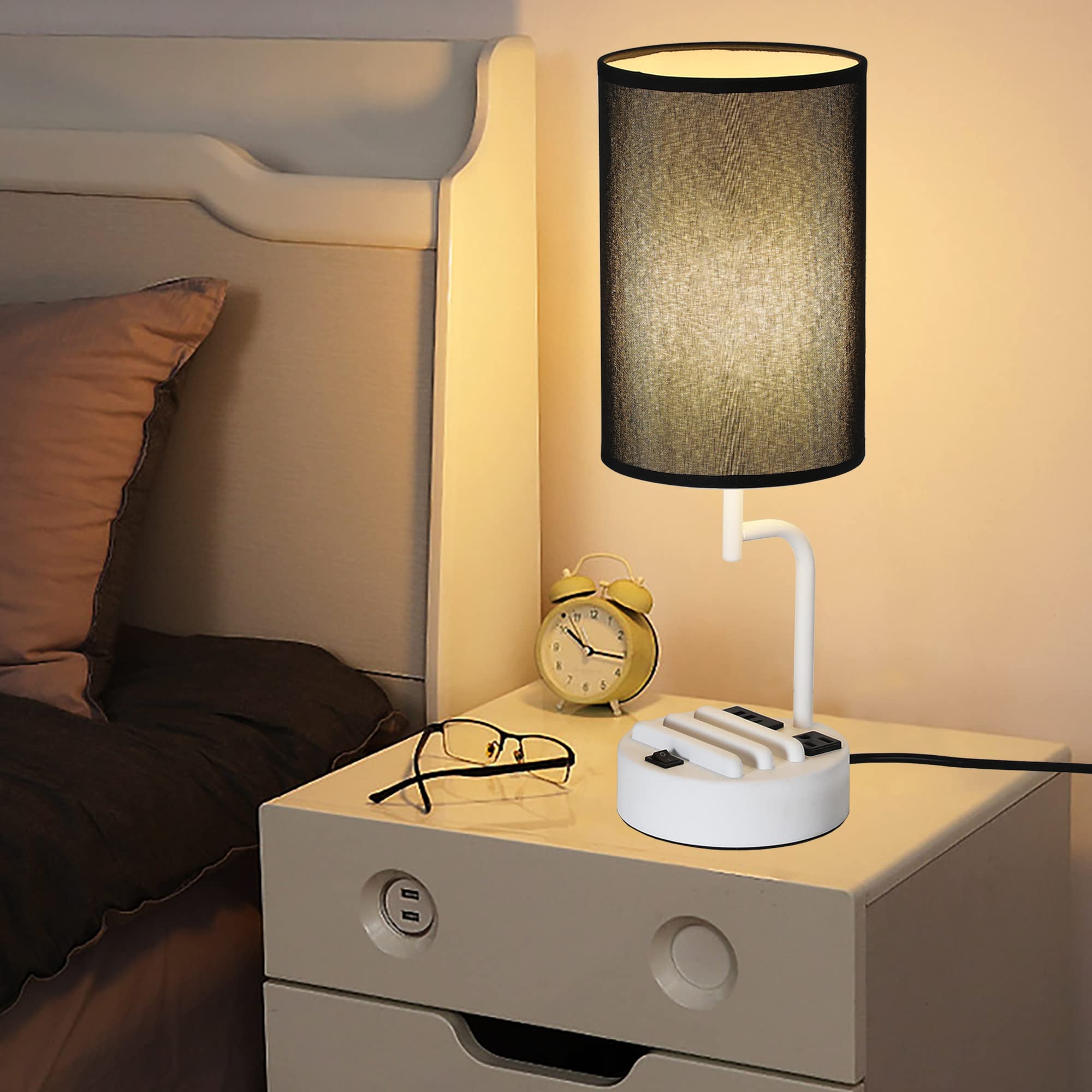 Dreamholder Modern Table Lamp with 3 USB Ports & AC Outlet - Dual Phone Stands, Adjustable Brightness Night Light for Bedroom, Living Room, Office - Set of 2 (White & Black) | Perfect for Charging Devices, Reading & Home Decor