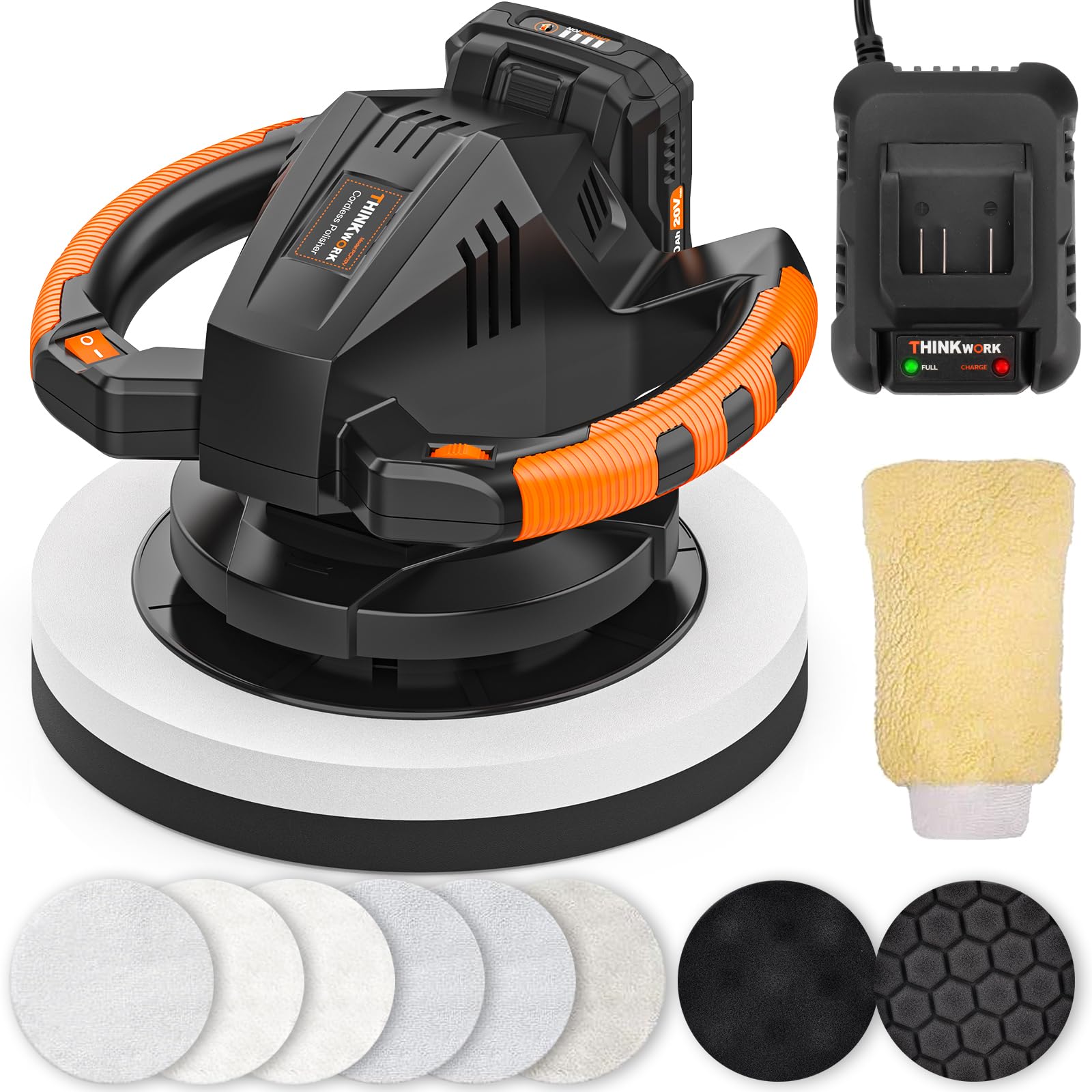 THINKWORK 20V Cordless Buffer Polisher - 10 Inch Car Polishing Machine Kit with 2Ah Battery, 6 Speed Settings (1500-3600 RPM), Double Handle - Perfect for Car Detailing, Waxing & Surface Restoration