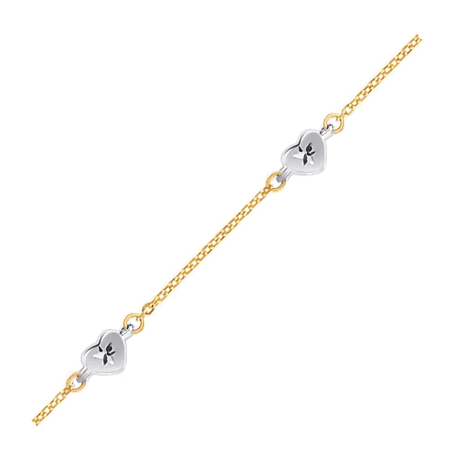 14K Two-Tone Gold Anklet with Diamond-Cut Heart Charms - 10 Inch Adjustable Ankle Bracelet for Women - Perfect for Beach, Date Night & Everyday Wear