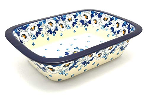 Handmade Polish Pottery Rectangular Baker with Grip Lip - White Poppy Floral Design - Perfect for Baking, Serving & Holiday Gifts