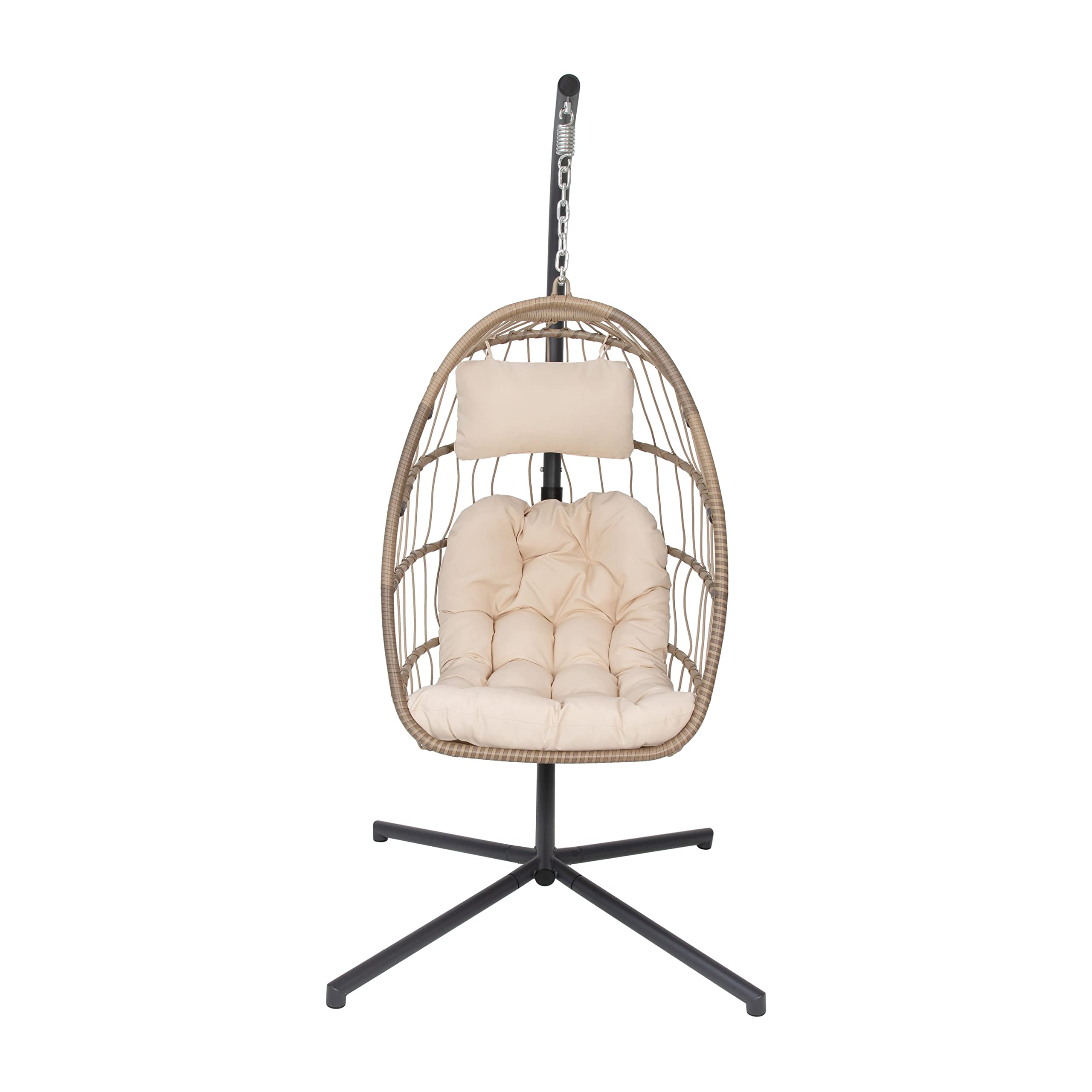 EMMA + OLIVER Awen Hanging Egg Chair with Stand - Natural Woven Polyethylene Rattan, Black Steel Frame & Removable Cream Cushions - Foldable Outdoor Swing Chair for Patio, Garden, Backyard Relaxation