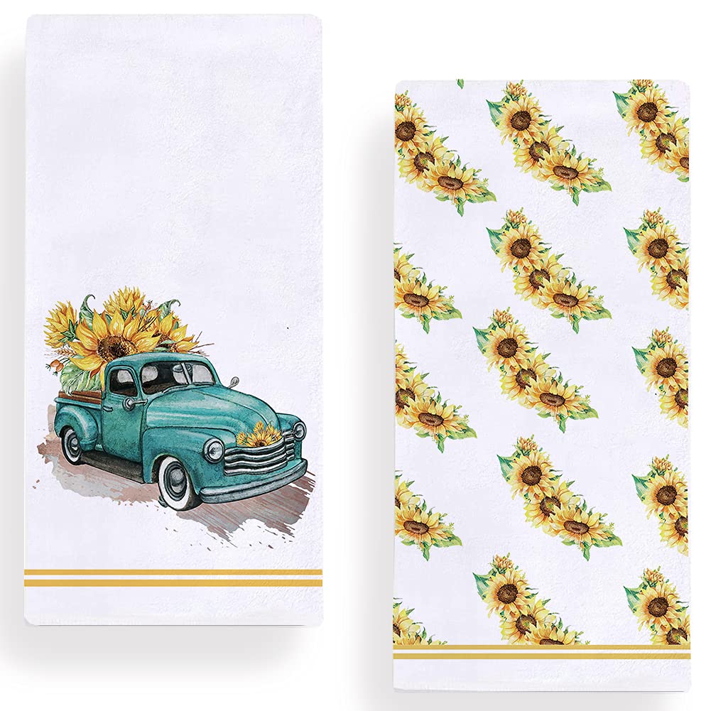 Set of 2 Sunflower Printed Kitchen Dish Towels 18x28 Inch - Absorbent Cotton Tea Towels for Cooking, Baking & Decor - Perfect for Spring Summer Farmhouse, Rustic Kitchen Decor