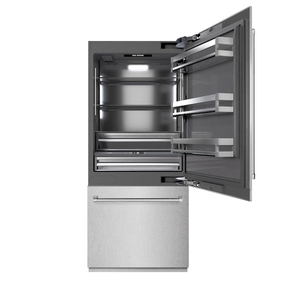 ZLINE 36 Inch 19.8 Cu Ft Built-In Bottom Freezer Refrigerator with Water Dispenser & Ice Maker - Satin Stainless Steel & Graphite Gray Interior (GRBIT SN 36) - Perfect for Modern Kitchens & Open Concept Homes
