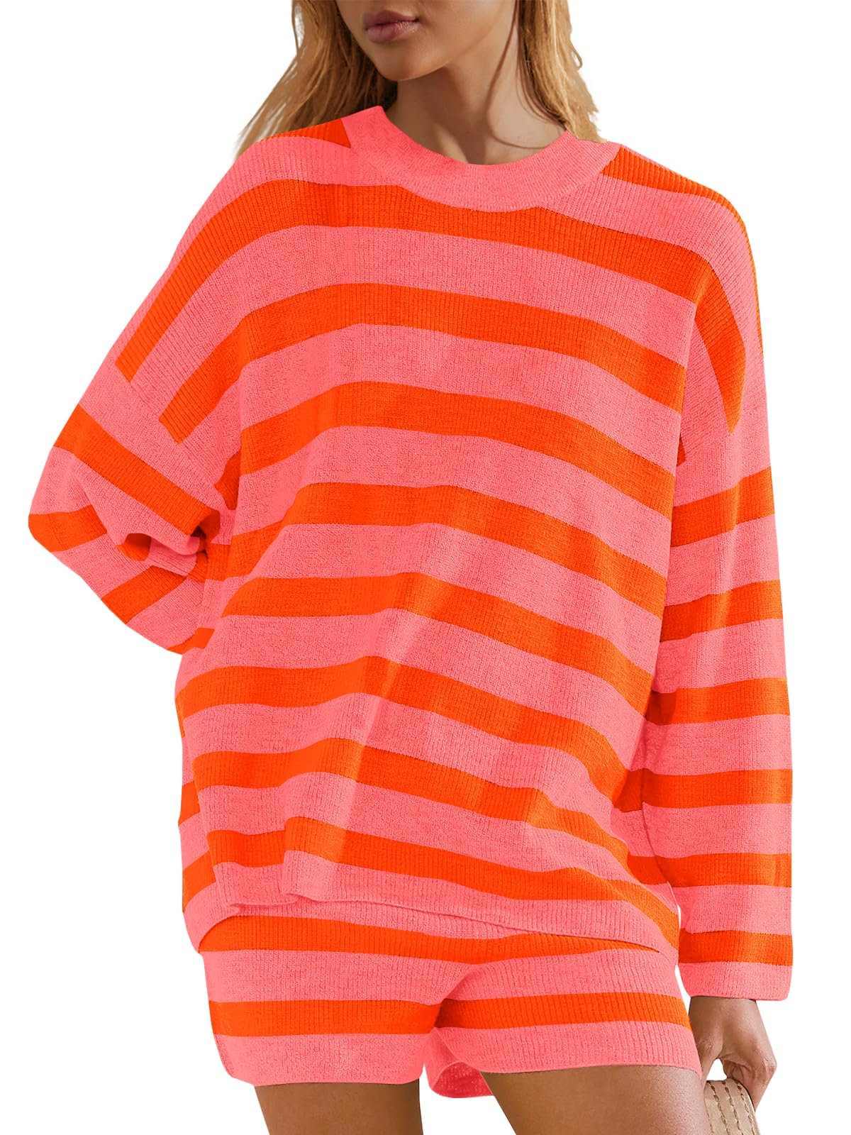 Panadila Women's Striped Sweater Set - Oversized Lounge Pajama Set with Long Sleeve Top & Shorts | Cozy Matching Outfit for Home, Sleepwear & Casual Wear
