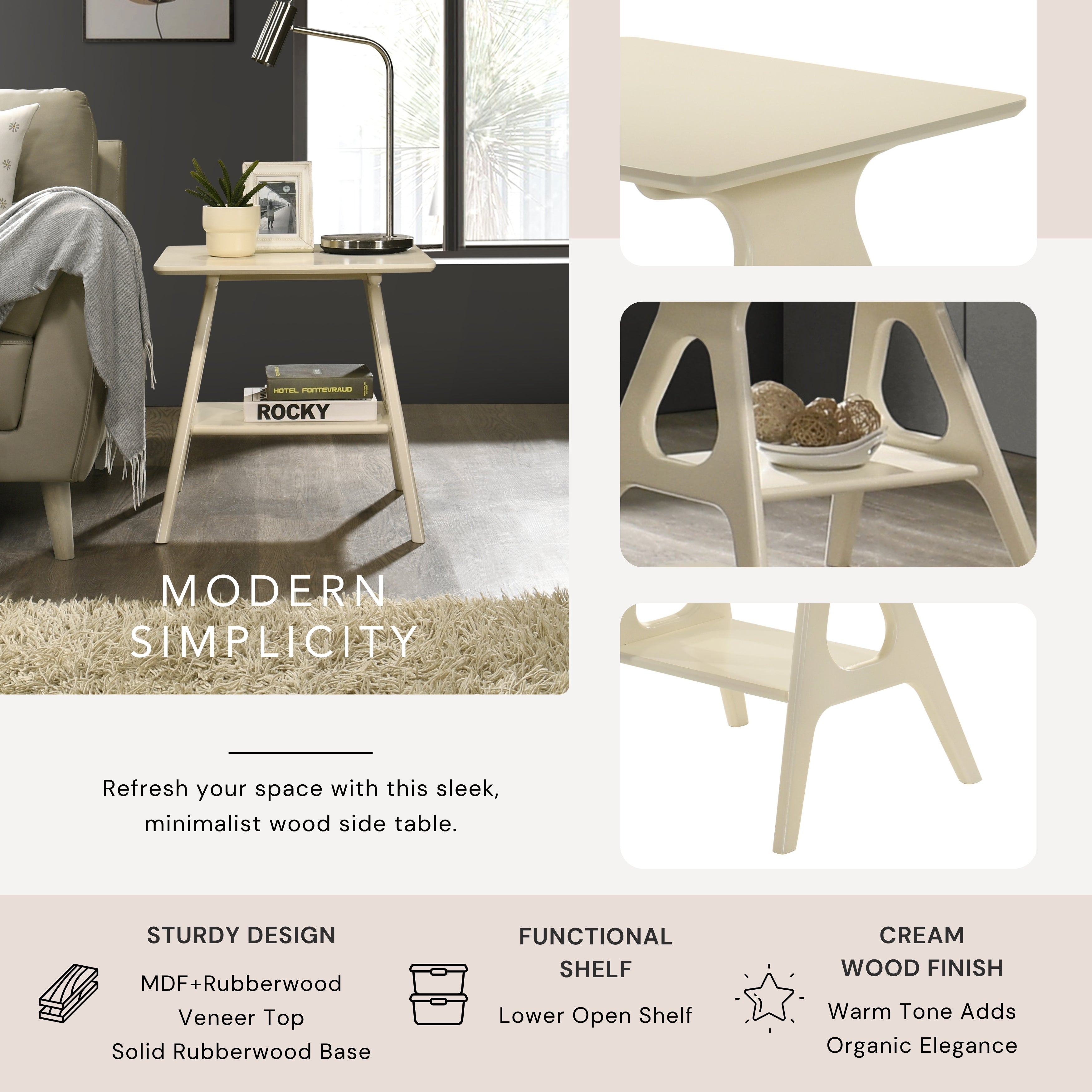 Roundhill Furniture Arona Mid Century Modern Wood Shelf End Table - Stylish Living Room Side Table with Storage for Books & Decor | Perfect for Small Spaces, Apartments & Bedrooms